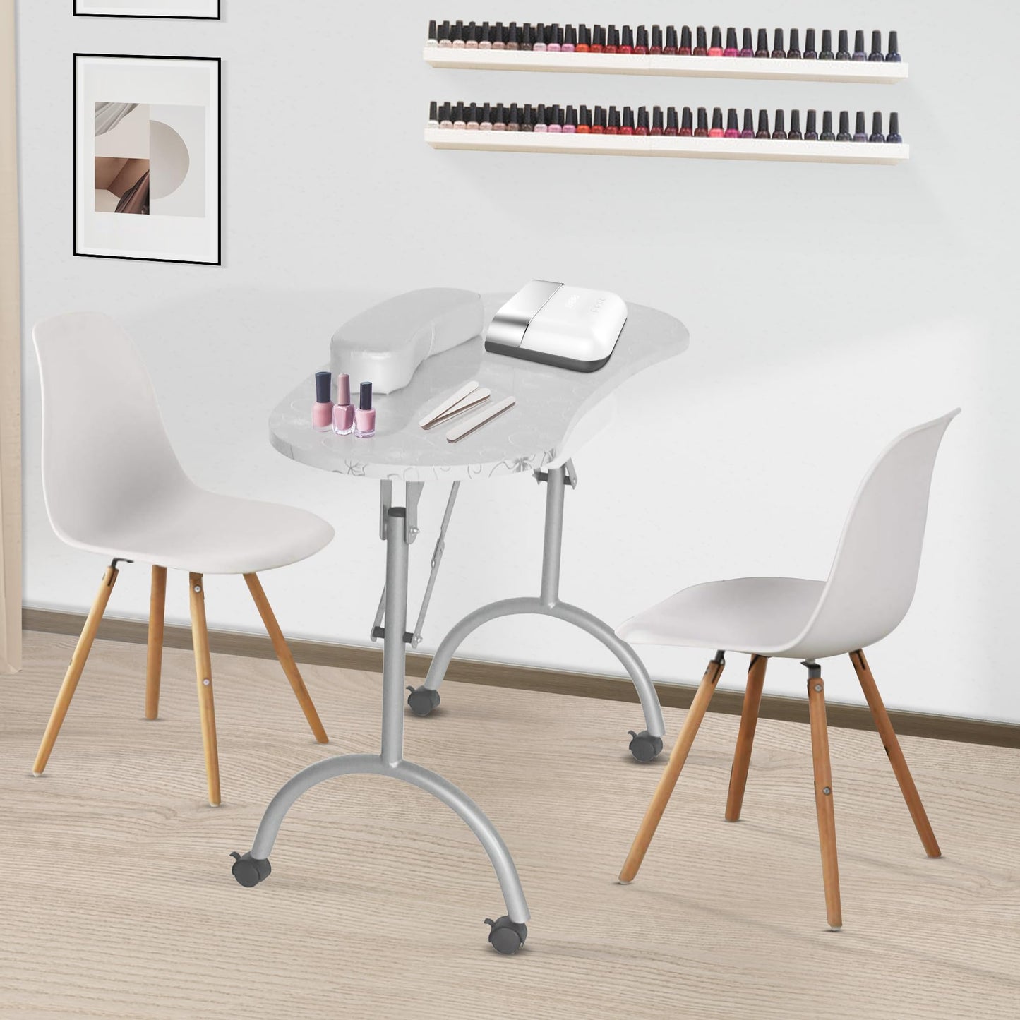 Alohappy Portable & Foldable Manicure Table Nail Desk on Wheels with Drawer, Updated USB-Plug LED Table Lamp, Client Wrist Pad, Carry Bag for Home Spa Beauty Salon Workstation(White 30" H)