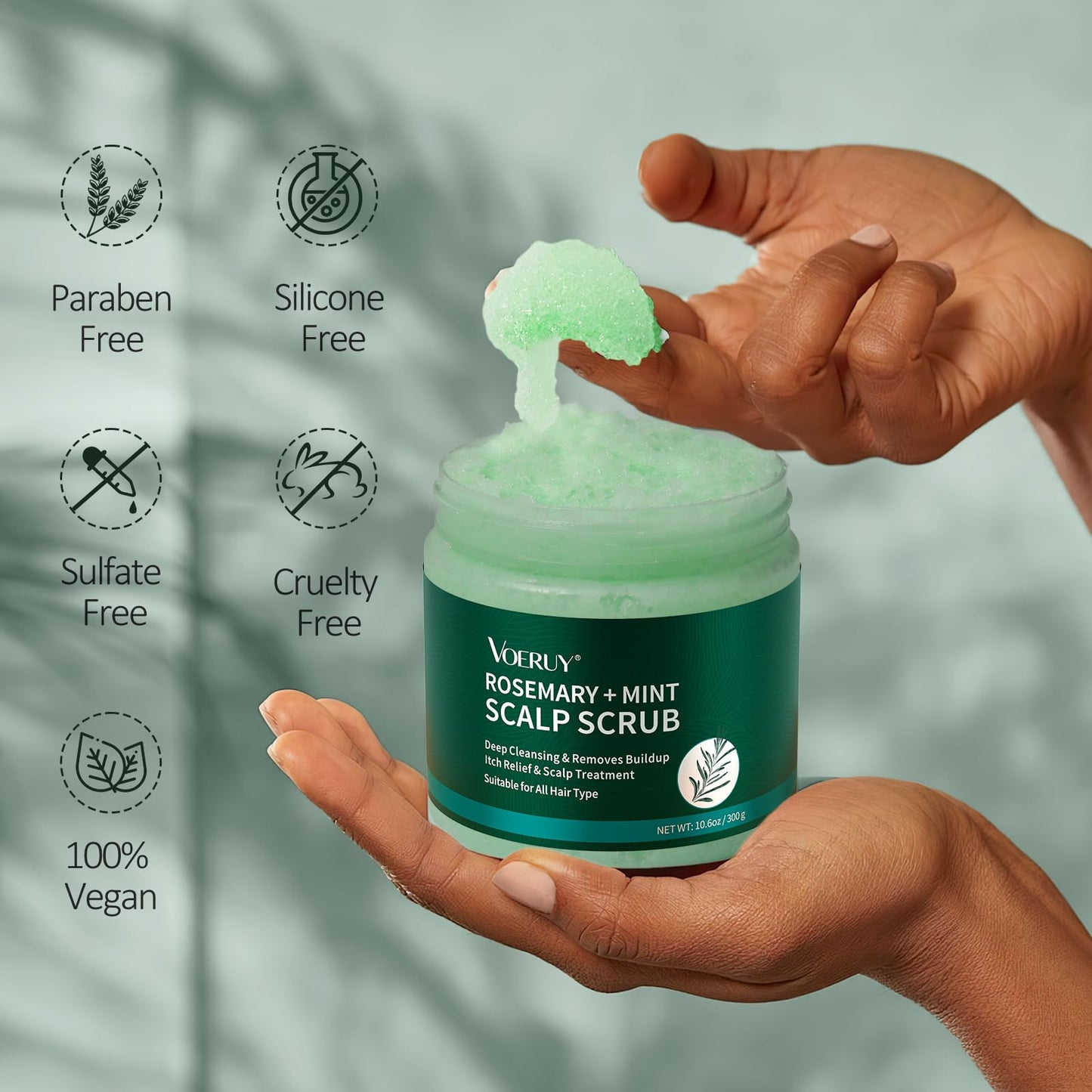 VOERUY Scalp Scrub, Rosemary Scalp Exfoliator Scrub Shampoo, 2-in-1 Scalp Treatment with Mint Oil, Hair Treatment to Clarify and Remove Build Up with Silicone Scalp Massager, 10.6oz/300g