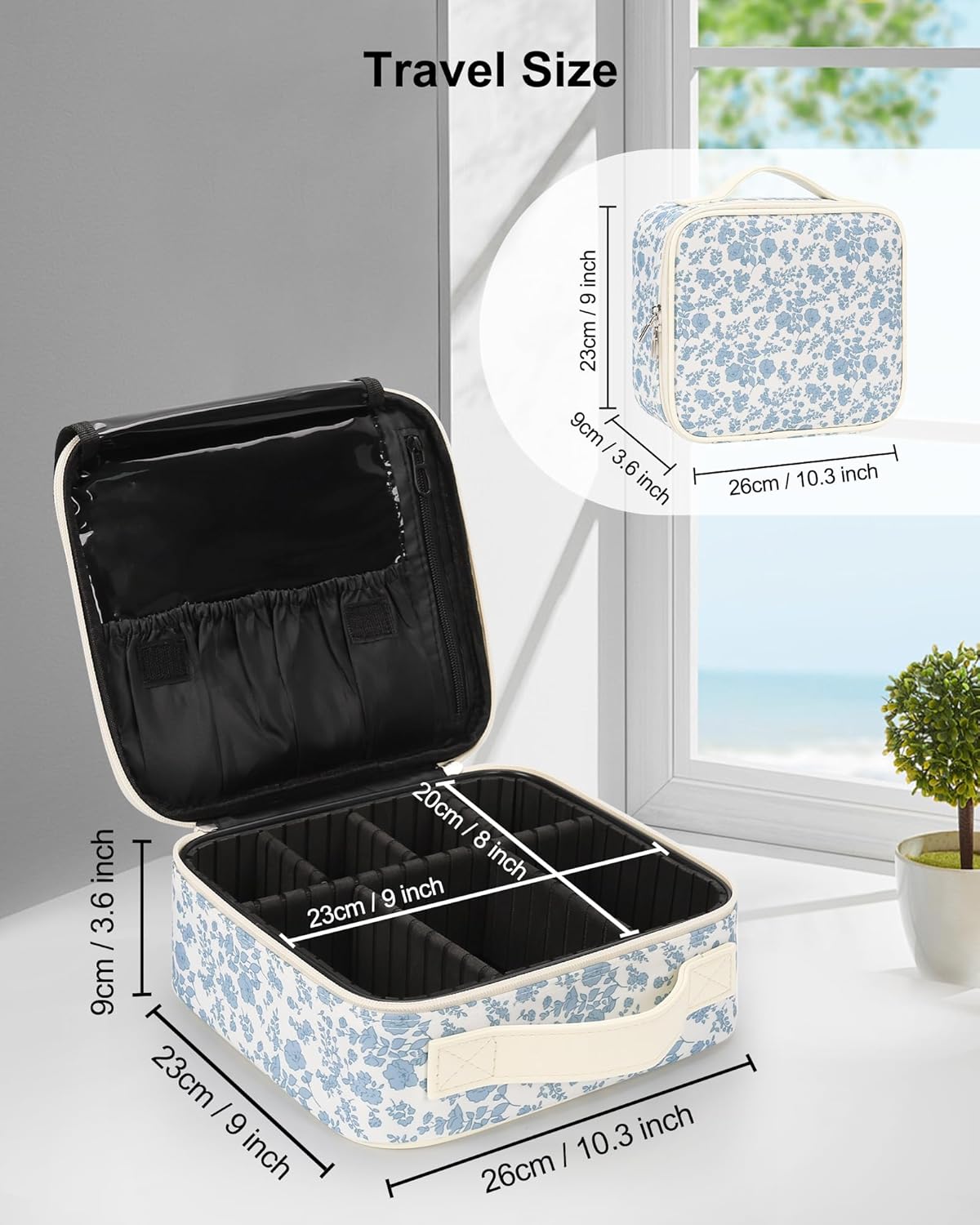 Relavel Portable Travel Makeup Case Organizer with Adjustable Dividers - Black Cosmetic Storage for Brushes, Toiletries & Jewelry