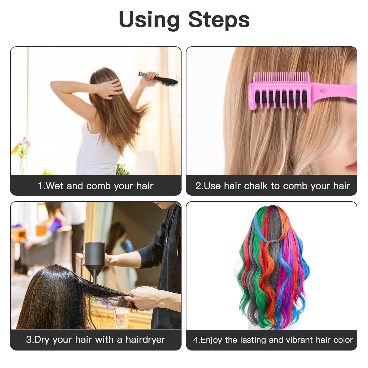New Hair Chalk Comb for Girls Kids with light hair, Washable Temporary Hair Color Dye for Kids Age 5 6 7 8 9 10+ Birthday Gift Cosplay DIY, Christmas (Blue, Pink, Purple, Green, Red, Black)