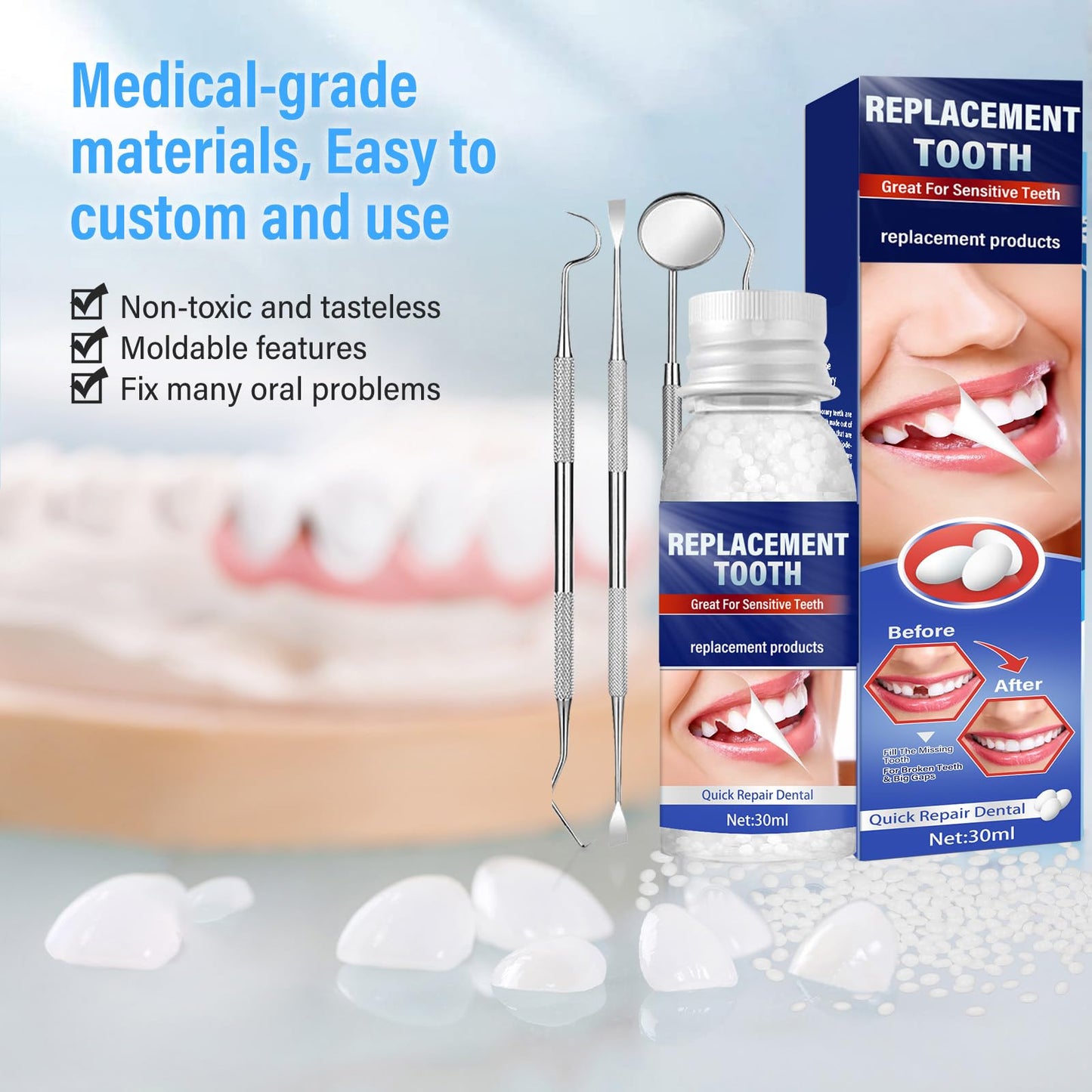 Tooth Repair Kit, Moldable Tooth Filling Repair Kit at Home, Make You Smile Confident Again, 30 ml & 4 Dental Tools