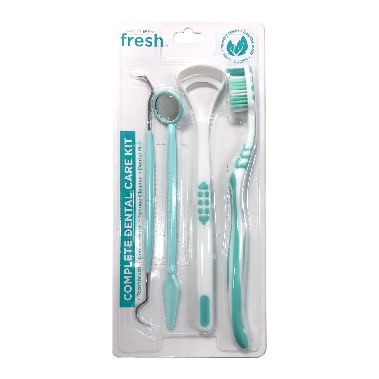 GuruNanda Dental Tools - Complete Oral Care Kit - Toothbrush, Mirror, Tongue Cleaner, Pick - White Set of 4