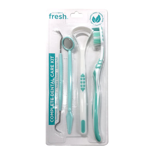 GuruNanda Dental Tools - Complete Oral Care Kit - Toothbrush, Mirror, Tongue Cleaner, Pick - White Set of 4
