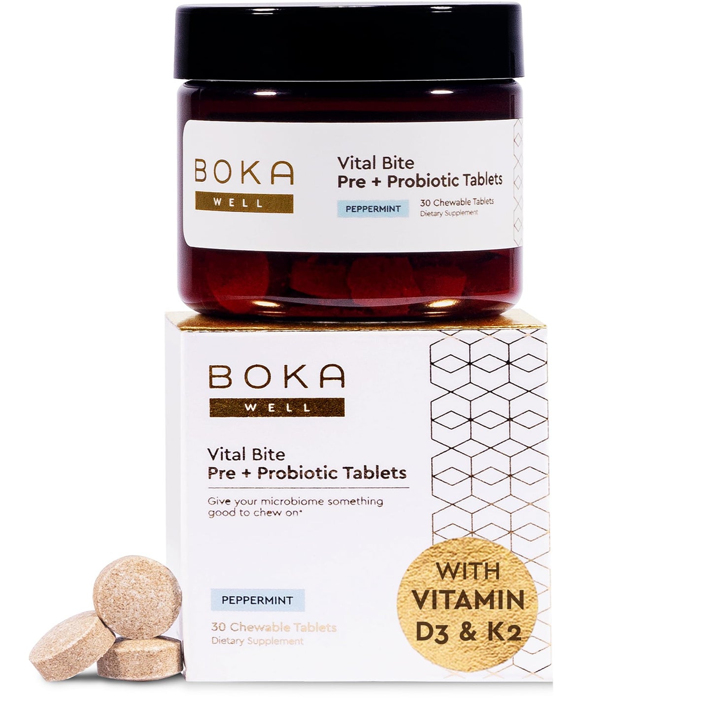 Boka Vital Bite Oral Pre + Probiotics - Sugar-Free Nut-Free Chewable Dental Probiotics for Teeth and Gums with BLIS K12, Vitamin D3 K2 for Men Women, Freshens Breath - Peppermint, 30 ct