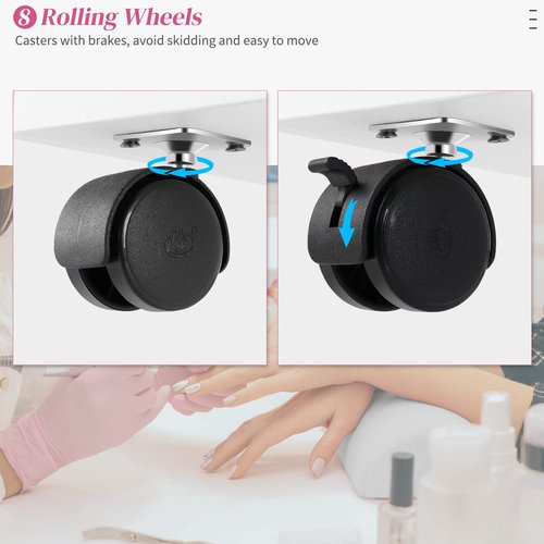 OmySalon Manicure Table Nail Desk for Nail Tech, Nail Table Beauty Salon Station w/Electric Dust Collector Acetone Resistant w/Lockable Wheel,Arm Rest