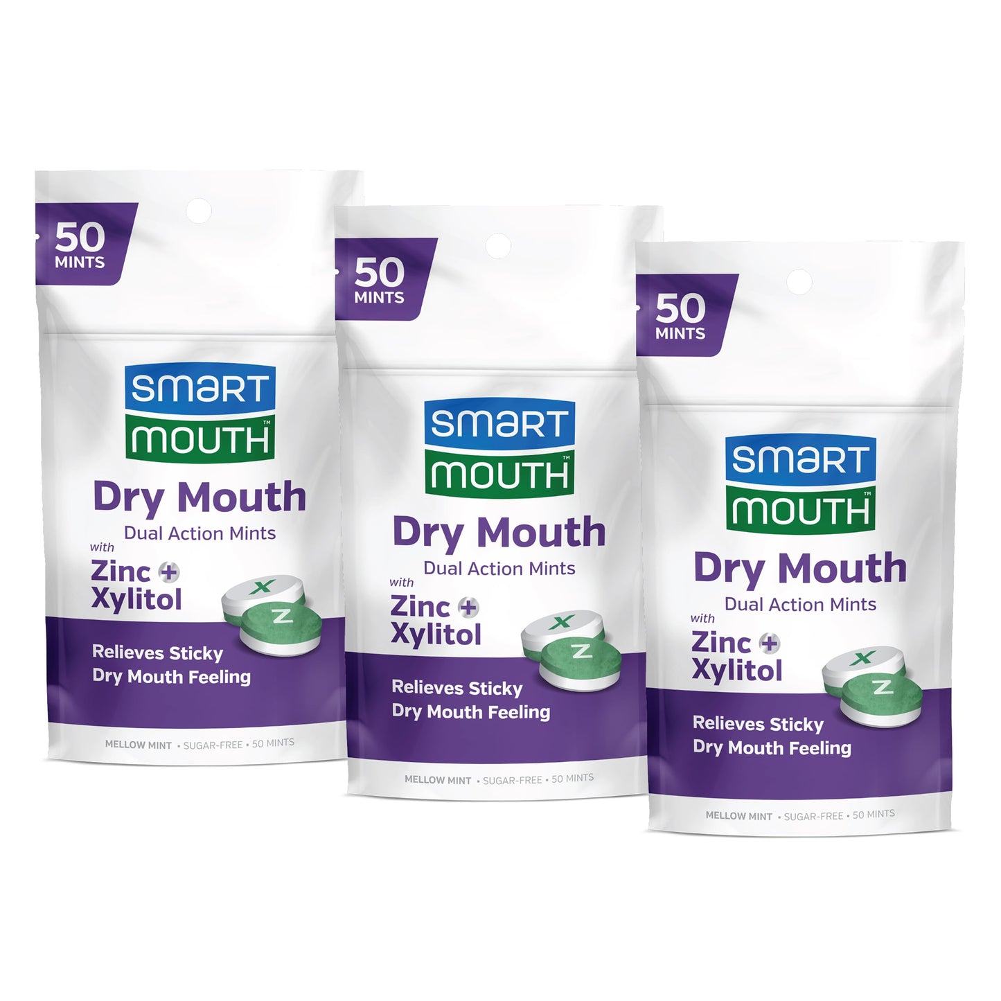 SmartMouth Dry Mouth Dual-Action Mints - Sugar-Free Breath Mints - 50 Count, 3 Pack, Mellow Mint