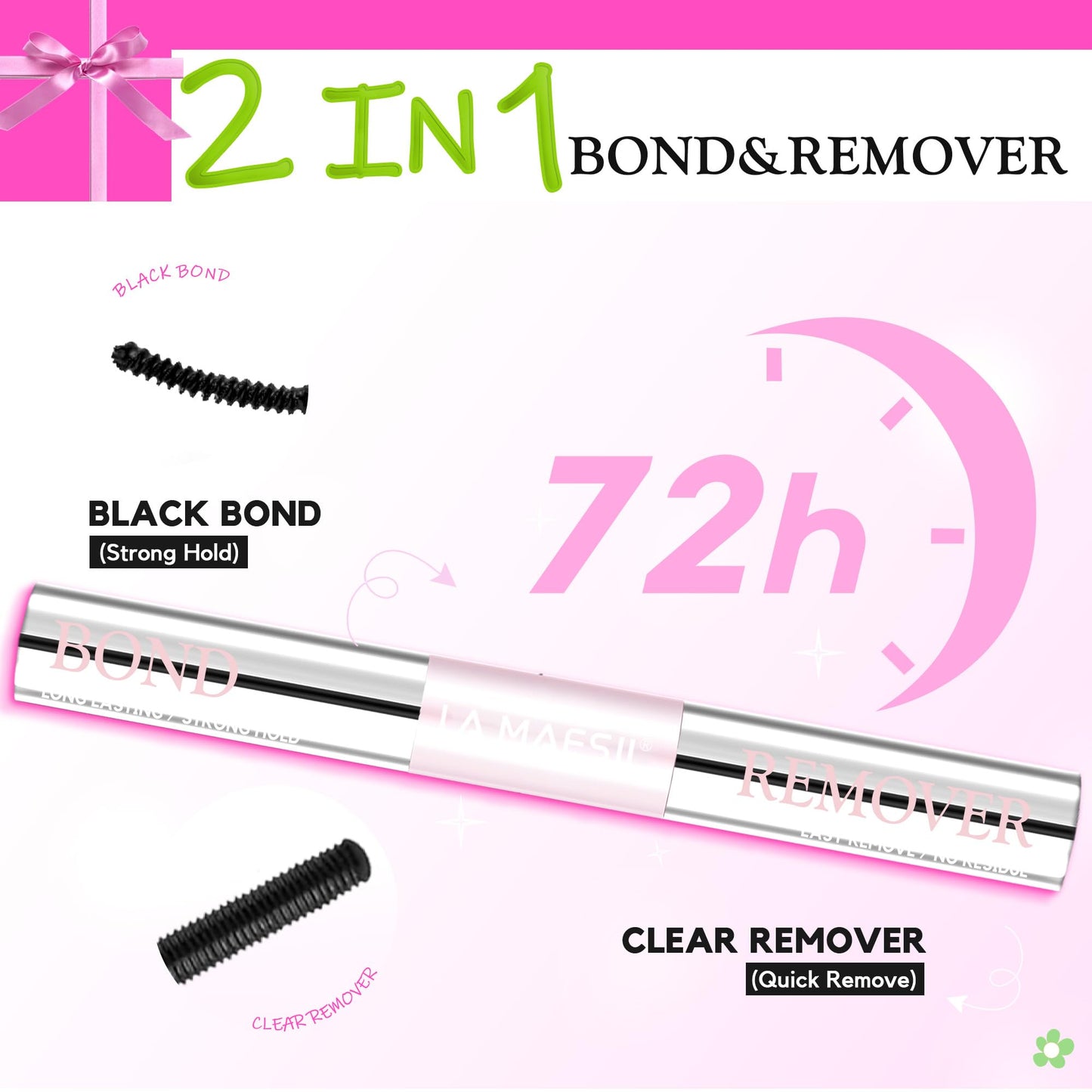 LA MAESII Lash Bond and Remover, 2 in 1 Lash Cluster Glue and Lash Remover for Eyelash Clusters Waterproof Lash Glue with Strong 72H Hold, Quick Removal Without Residue
