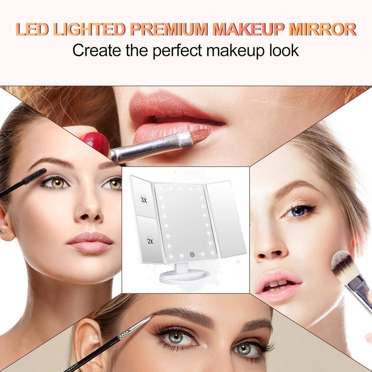 Flymiro Tri-fold Lighted Vanity Makeup Mirror with 3x/2x Magnification,21 LEDs Light and Touch Screen,180 Degree Free Rotation Countertop Cosmetic Mirror,Travel (White)