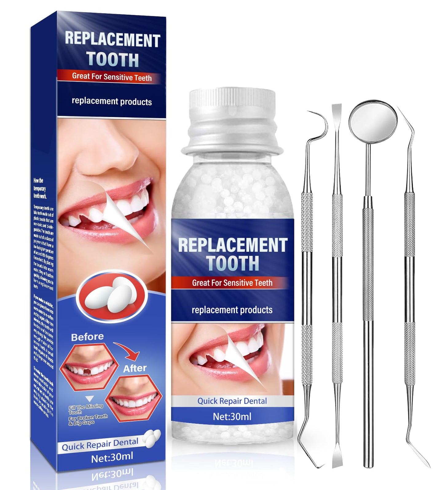 Tooth Repair Kit, Moldable Tooth Filling Repair Kit at Home, Make You Smile Confident Again, 30 ml & 4 Dental Tools