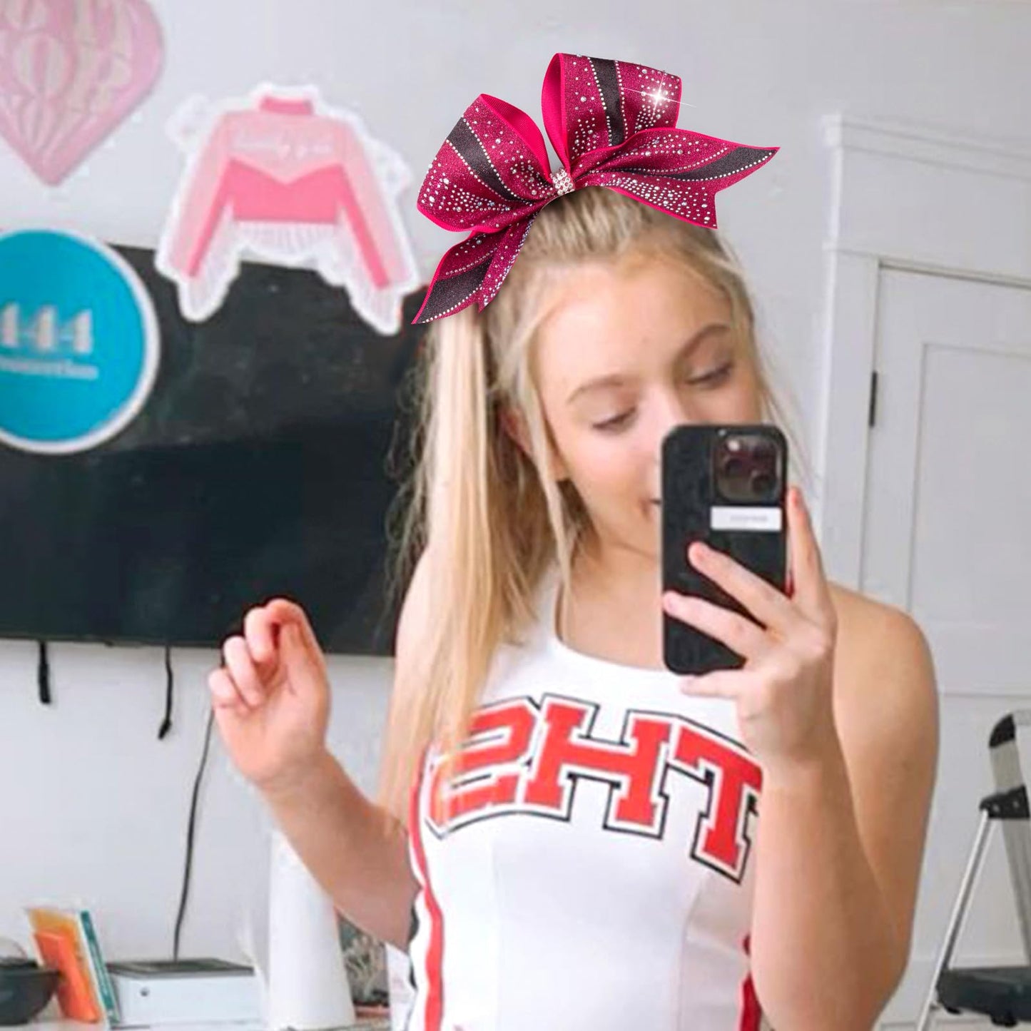 CN 6PCS Glitter Cheer Bows for Cheerleaders, Hot Pink Sparkly Large Hair Bows for Girls Cheerleading with Elastic Hair Ties,Cheer Hair Accessories for Softball Competition School Spirit