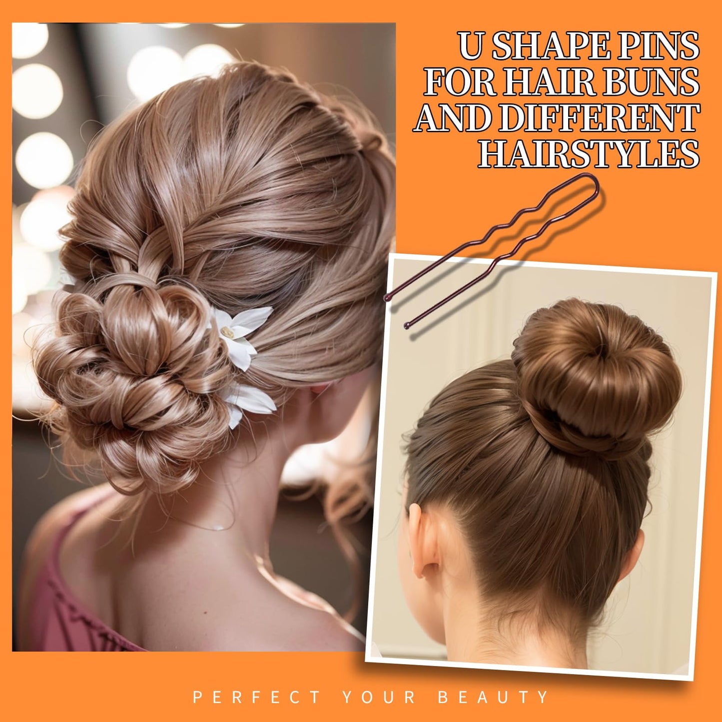 Teenitor 300pcs Bobby Pins Hair Pins Kit, 100 Hair Pin for Women 100 Bobby Pins Brown and 100 Hair Bands, Hair Pins for Buns 2inch 2.36inch 2.75inch
