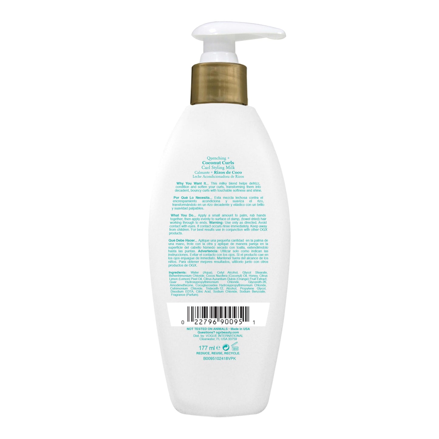 OGX Quenching + Coconut Curls Frizz-Defying Styling Milk, Nourishing Leave-In Hair Treatment with Coconut, Citrus Oil & Honey, Paraben-Free and Sulfated-Surfactants Free, 6 fl oz