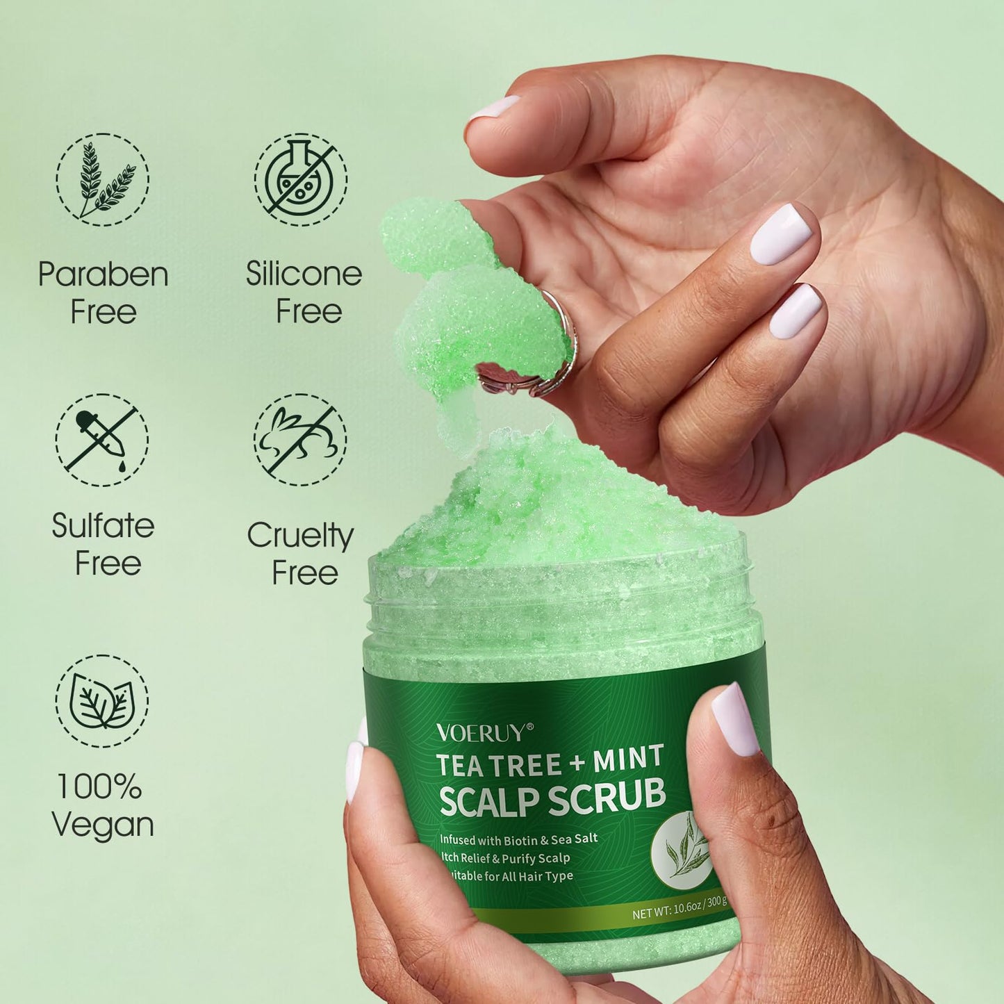 VOERUY Scalp Scrub, Tea Tree Scalp Exfoliator Scrub Shampoo, 2-in-1 Scalp Treatment with Mint Oil, Hair Treatment to Clarify and Remove Build up with Silicone Scalp Massager, 10.6oz/300g