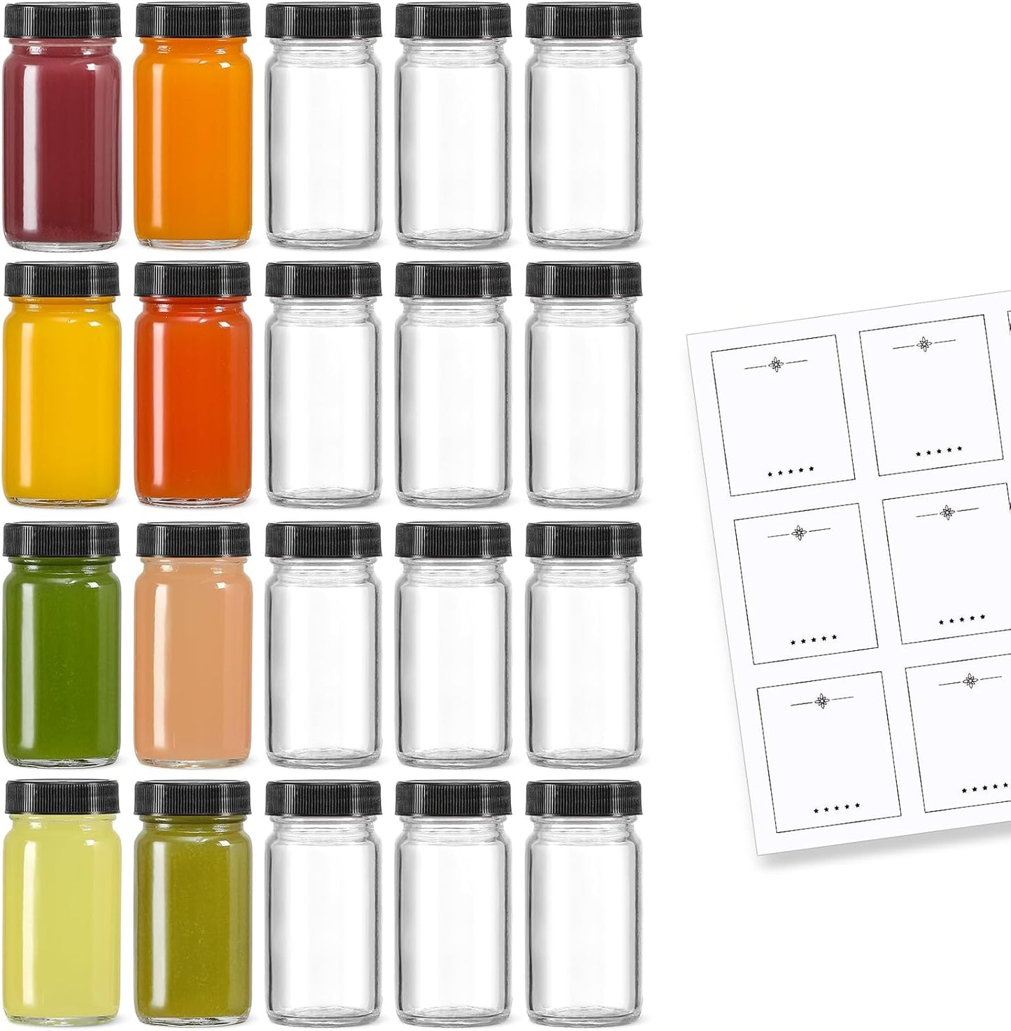 20 Pack Mini Glass Shot Bottles 2 oz with Lids & Labels - Leakproof Travel Jars for Juice, Whiskey, Wellness Shots