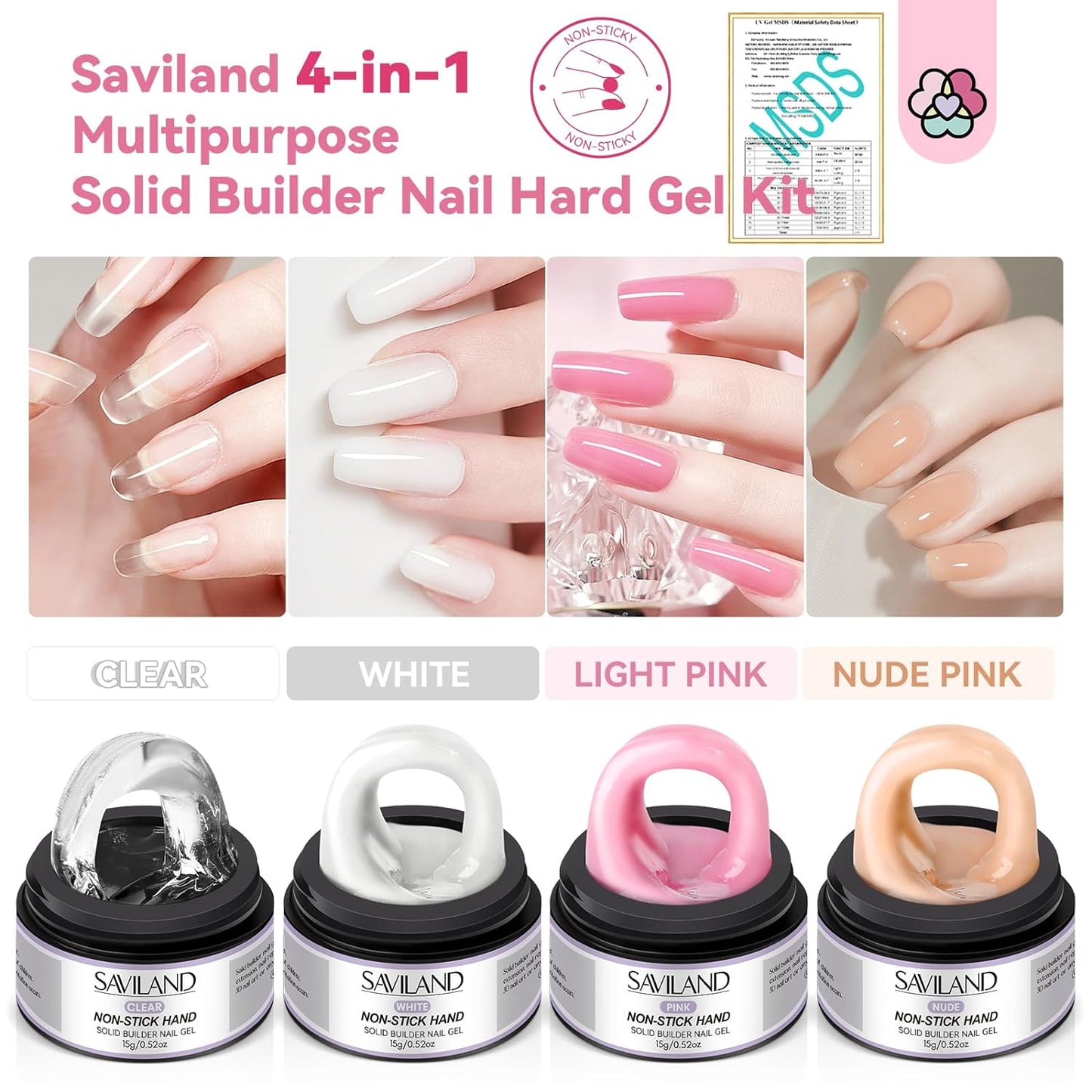 Builder Nail Gel Kit - 4 Colors (Clear, Nude, White, Pink) for Nail Extensions & 3D Sculpting - Long-Lasting Non-Sticky Hard Gel with Chrome Powder