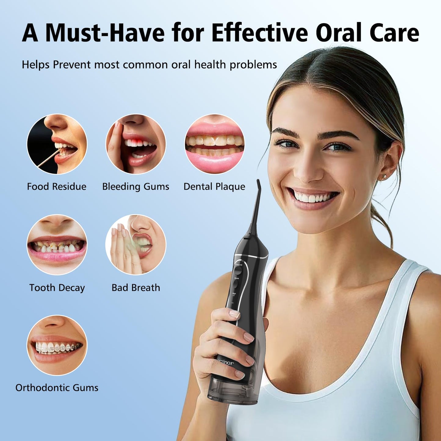 Leominor Water Dental Flosser Pick for Teeth, 300ML Portable Oral Irrigator Upgraded Tank Removable,IPX7 Waterproof, Rechargeable Travel Teeth Cleaner, Professional Electric Flossing Machine (Black)