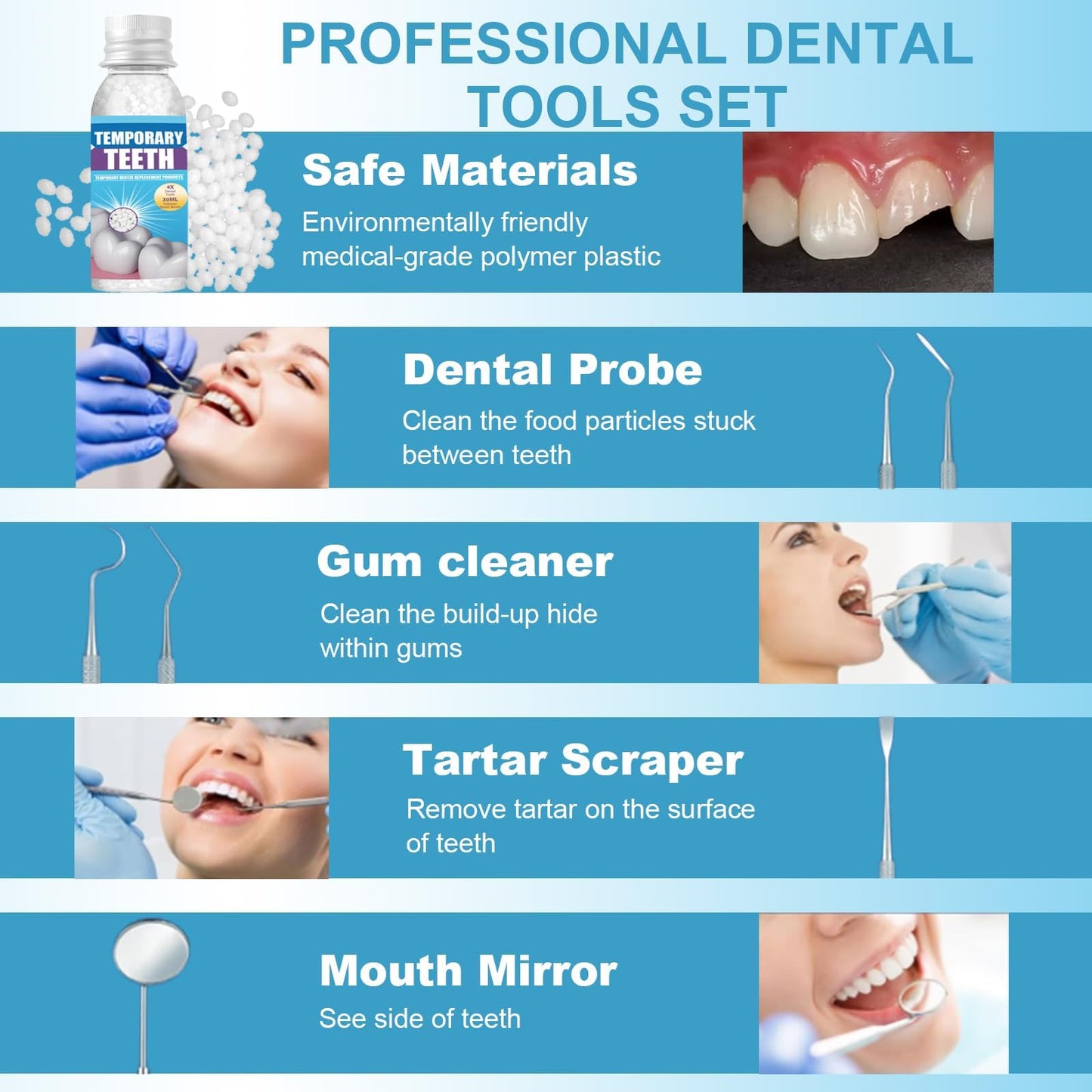 Tooth Repair kit with 4 Dental Tools, Tooth Filling Repair The Missing Teeth, Dental Care Kit Fixing Broken Teeth, Save Smile Cause Bad Teeth and Smile Confidently Again