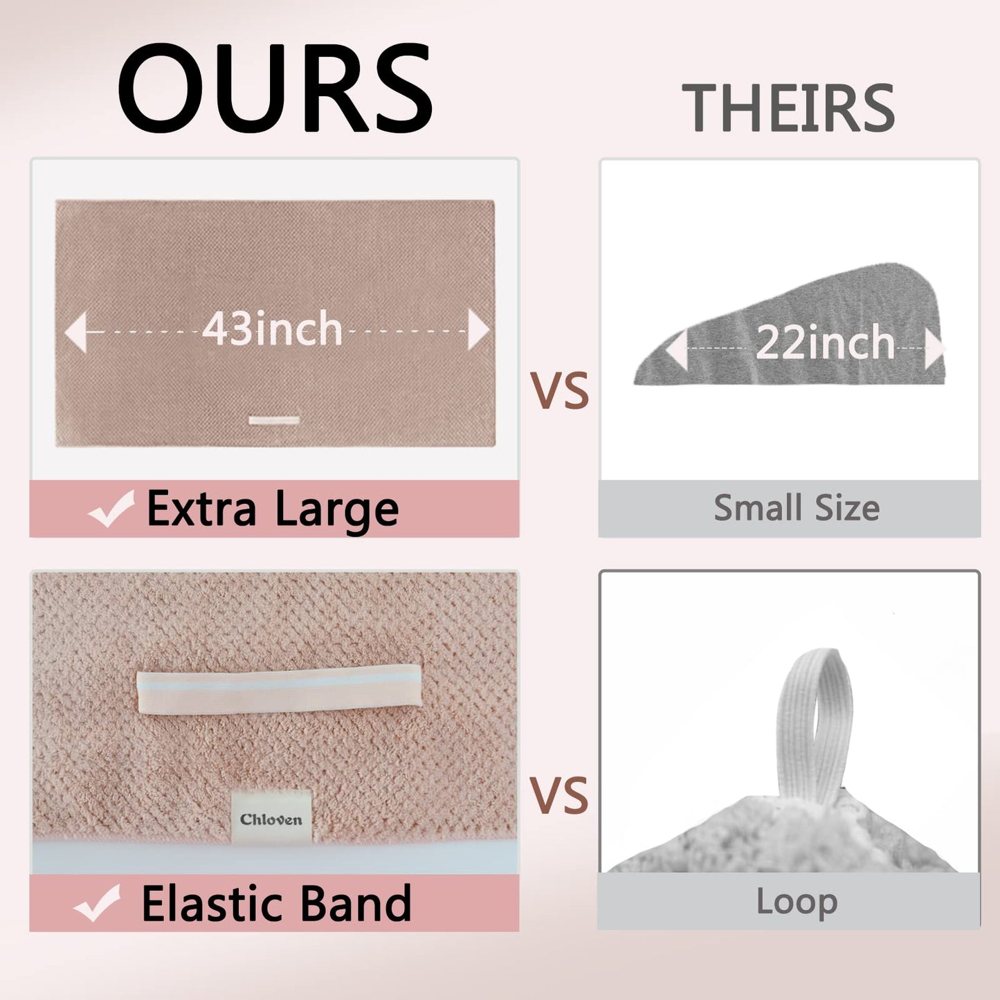 Chloven 2 Pack Extra Large Microfiber Hair Towel Wrap for Women,43 inch X 24 inch Anti Frizz Hair Drying Towel with Elastic Strap,Hair Wrap Towels Absorbent Quick Dry Hair Turbans for Drying Long Hair