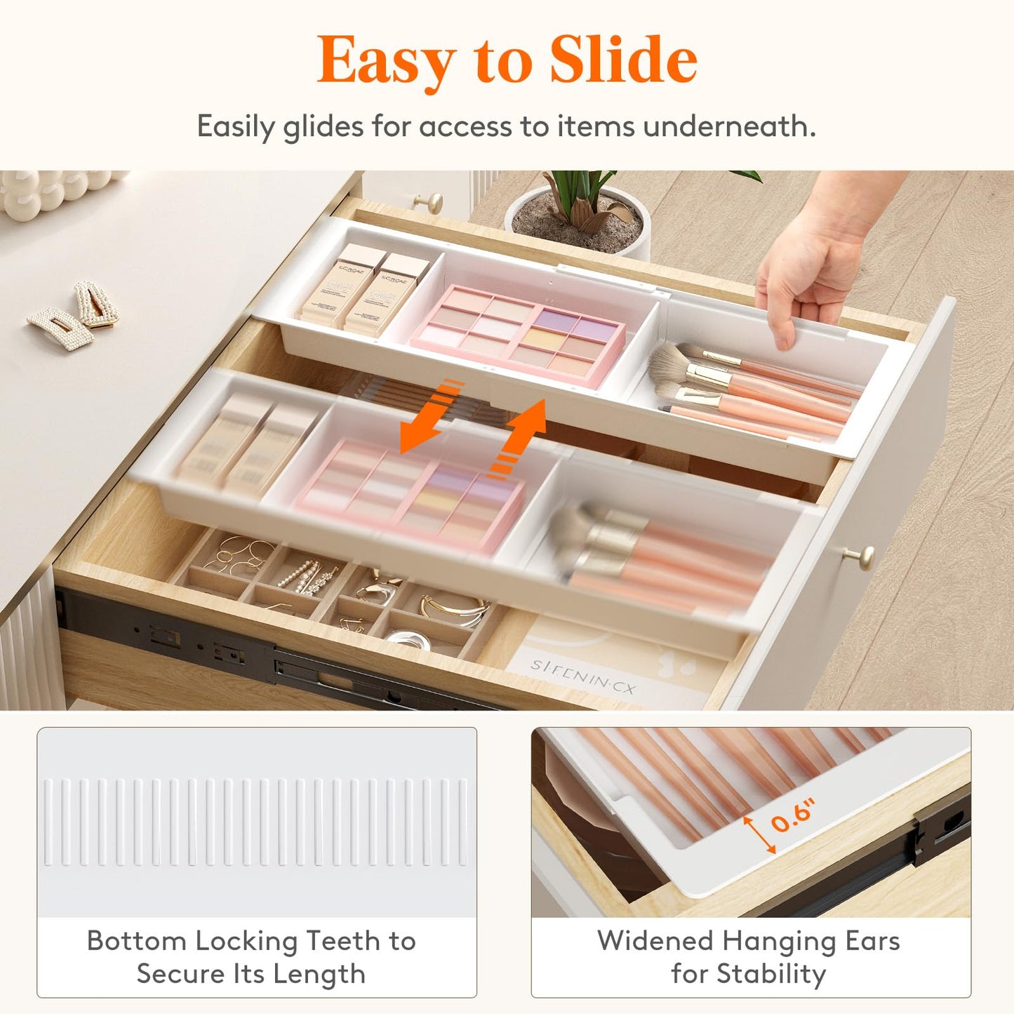 Lifewit 2 Pack Sliding Makeup Drawer Organizer Trays with Inserts, Extendable Hanging Desk Drawer Divider, 14-23" Long/1.8" High Plastic Organizer Tray in Vanity/Bathroom/Office/Kitchen, White