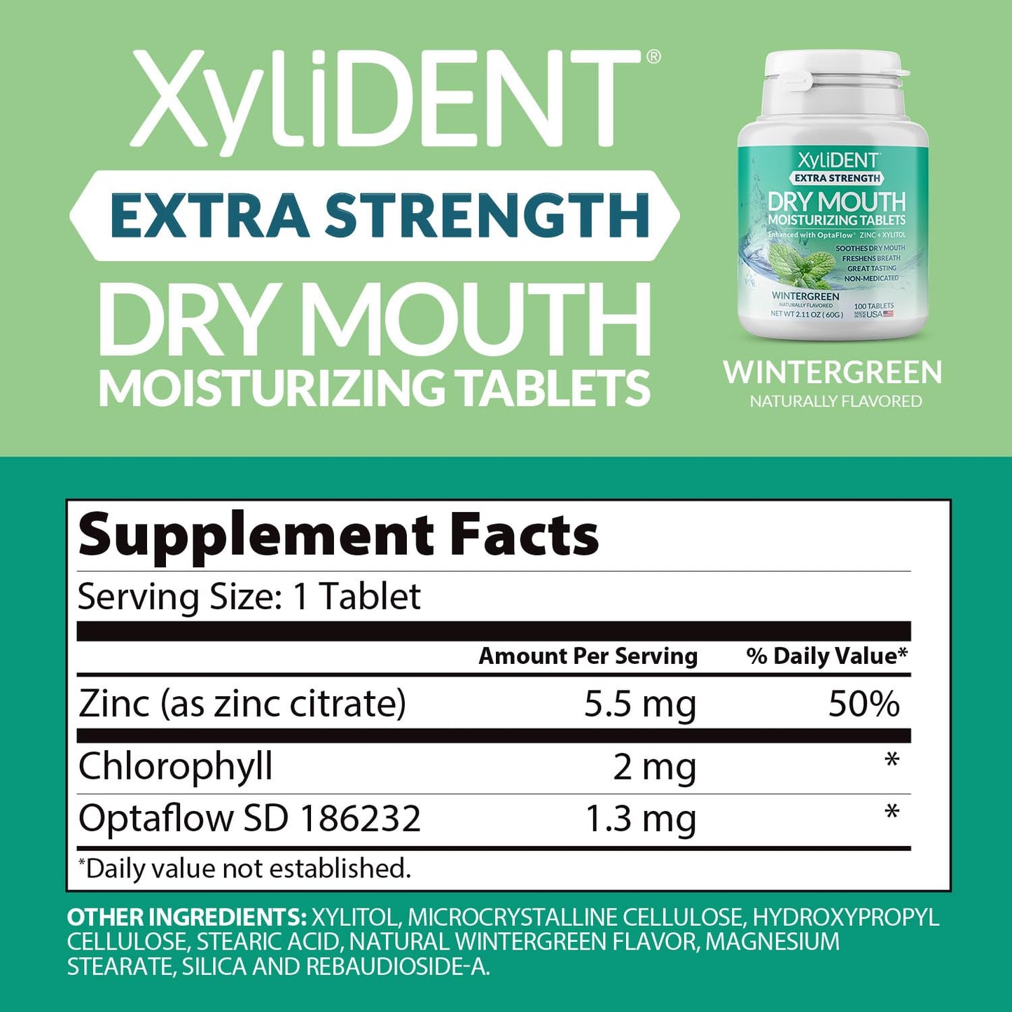 XyliDENT Extra Strength Xylitol Tablets for Dry Mouth Relief - Stimulates Saliva, Freshens Breath, Reduces Acid Production, Fast Acting Relief, 100 Count (Wintergreen)