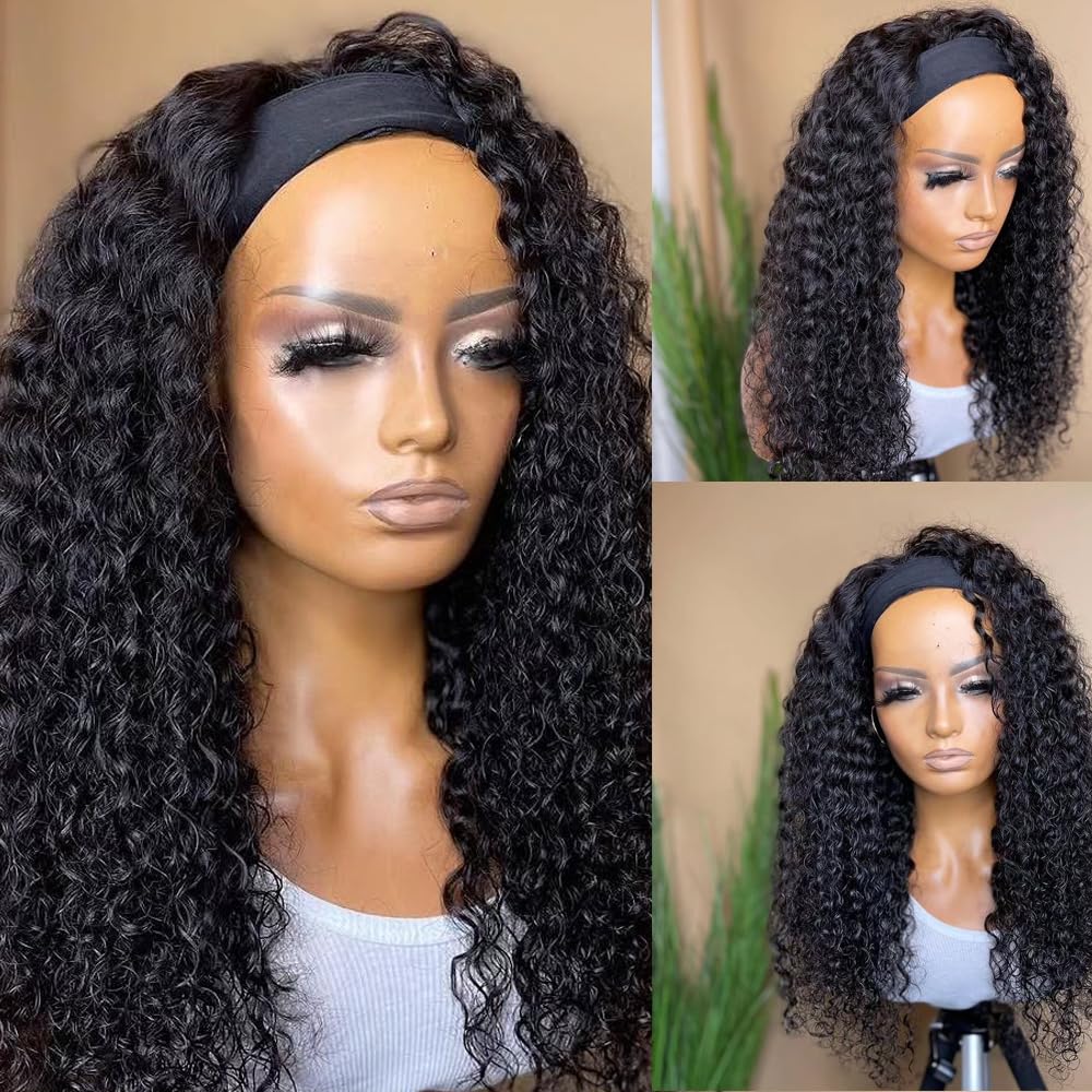 Headband Wig Human Hair Deep Wave 20 Inch Glueless None Lace Front Deep Curly Wig Brazilian Virgin Hair Wear and Go Wigs for Black Women 180% Density Machine Made Headband Half Wigs Natural Color