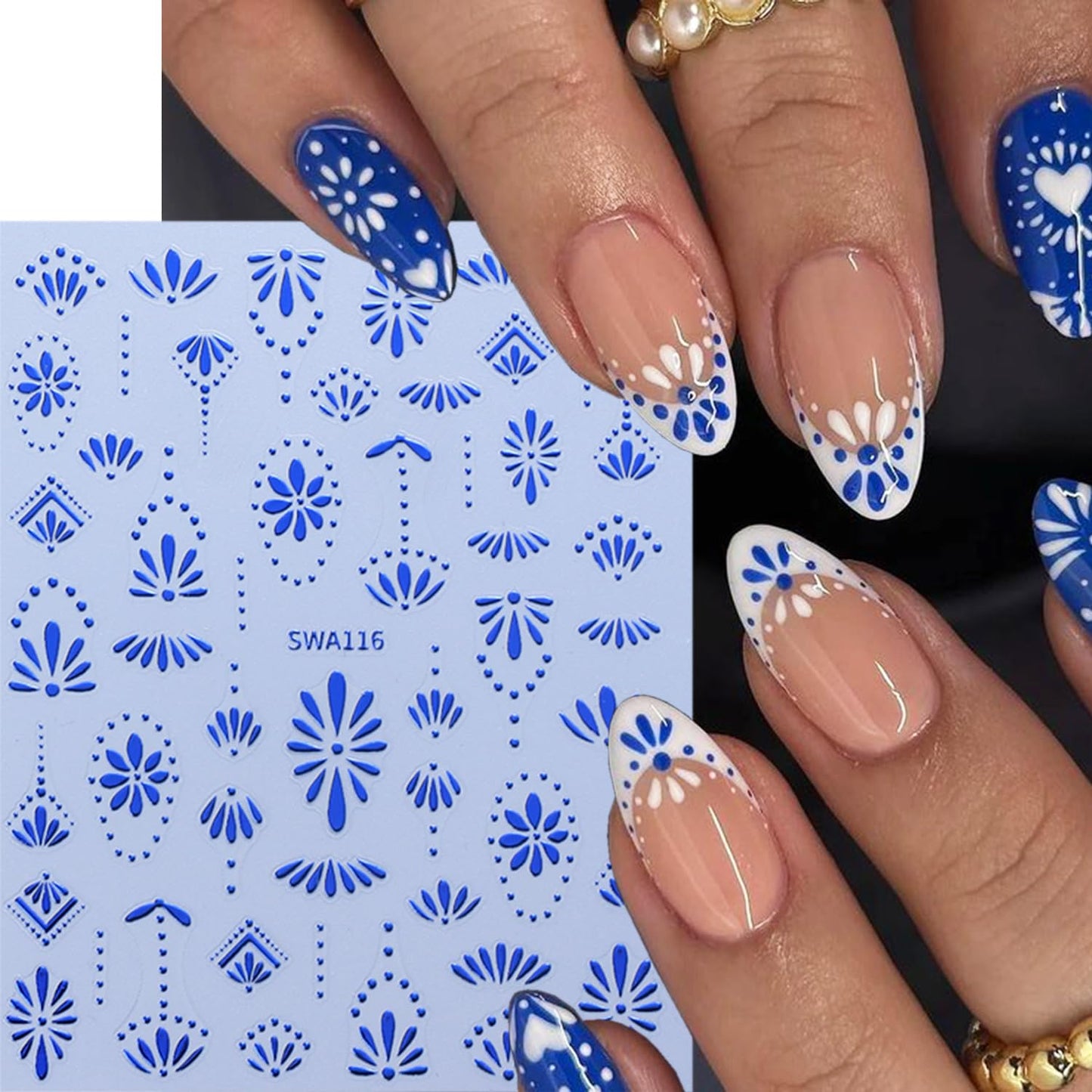 6 Sheets Bohemia Nail Stickers for Nail Art 3D Self-Adhesive Flower Nail Art Stickers Blue Silver Gold Flowers Nail Decals Bohemian Style Nail Design for Women DIY Nails Decoration Supplies