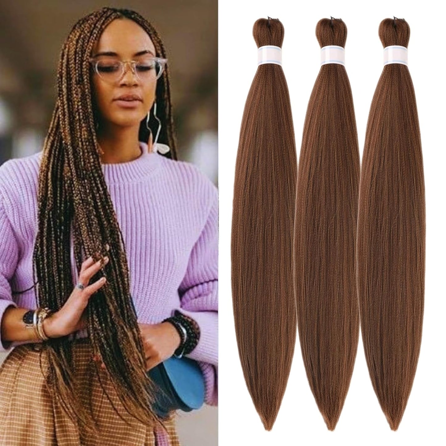 Ash Brown Pre-Stretched Knotless Braiding Hair Extensions - 6 Packs Synthetic Box Braids