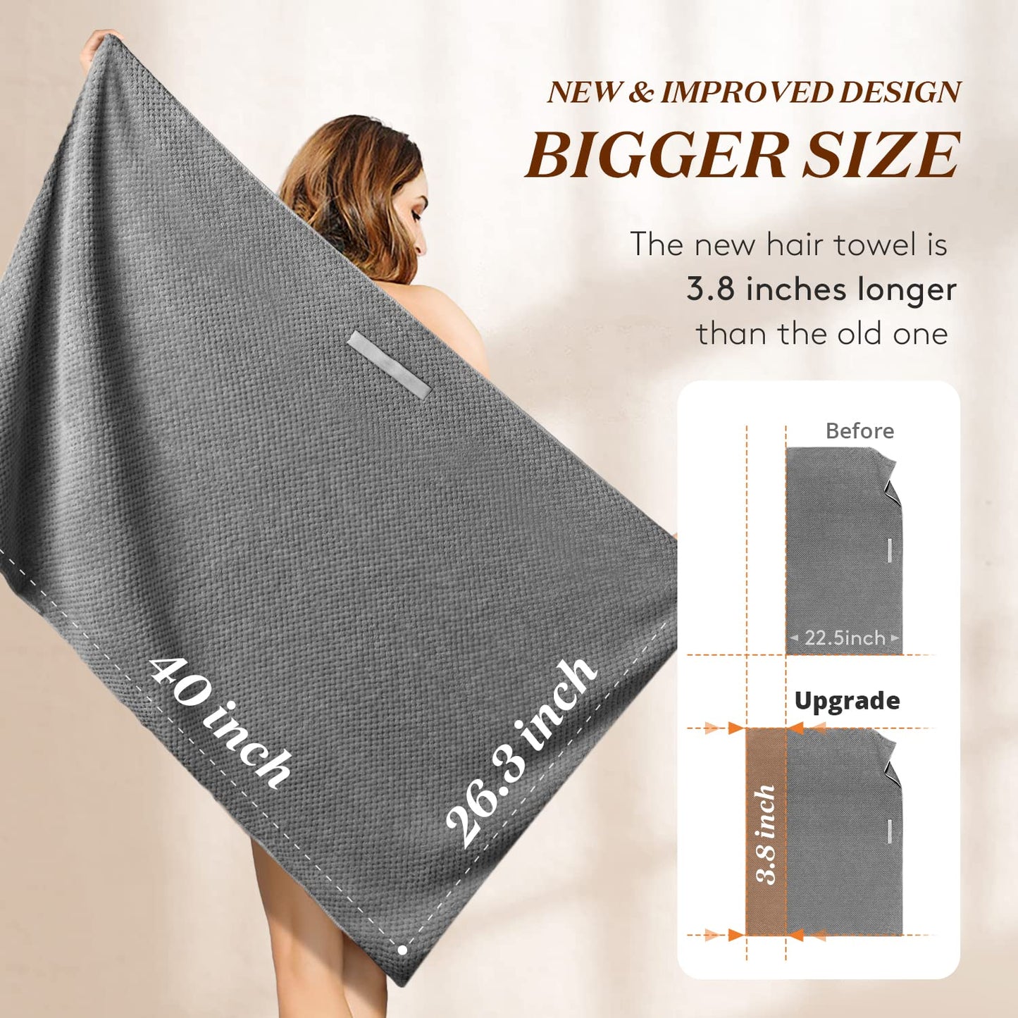 YFONG Large Hair Towel Wrap for Women, Soft Microfiber Hair Towel for Curly Hair, Fast Drying Hair Turbans with Elastic,Hair Drying Towel Wrap for Hair Care Anti Frizz 26.3" X 40" (Dark Gray)