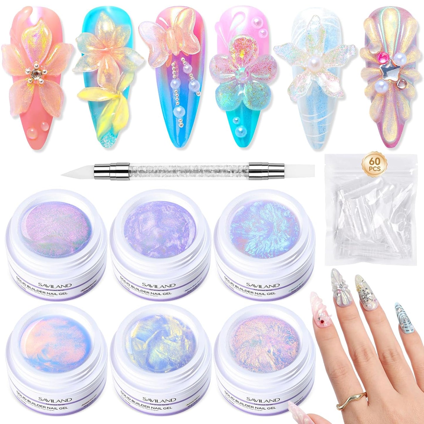 Builder Nail Gel Kit - 4 Colors (Clear, Nude, White, Pink) for Nail Extensions & 3D Sculpting - Long-Lasting Non-Sticky Hard Gel with Chrome Powder