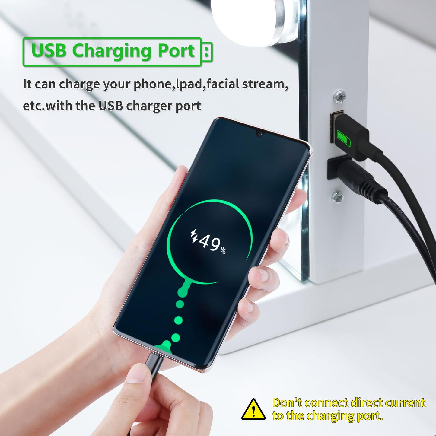 NUSVAN Vanity Mirror with Lights Lighted Makeup Mirror with Dimmable LED Bulbs,3 Color Lighting Modes,USB Charging Port Touch Control,Sturdy Metal Frame Design,White (50x40cm, 4.70)