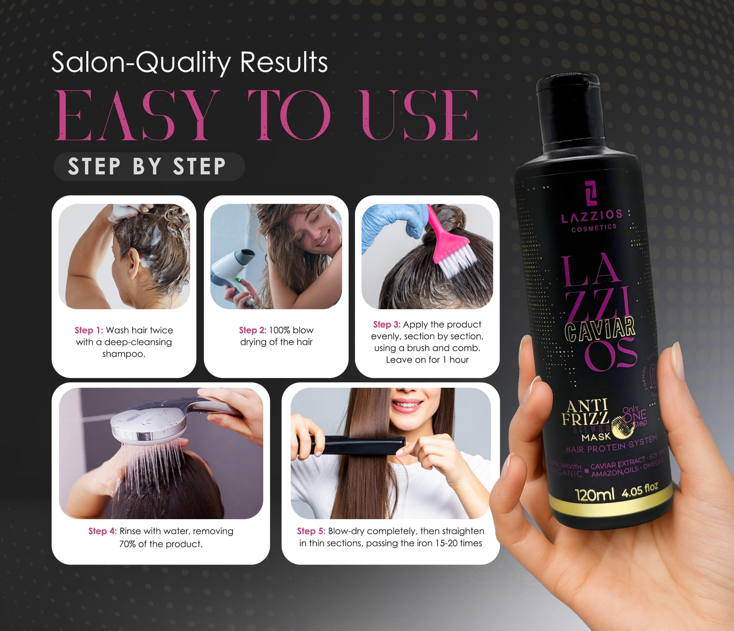Lazzios Caviar Organic Hair Protein – Brazilian Straightening Treatment – Formaldehyde-Free, Anti-Frizz Hair Organic Formula with Hyaluronic Acid, Hydrolyzed Keratin, Caviar Extract – (120ml)