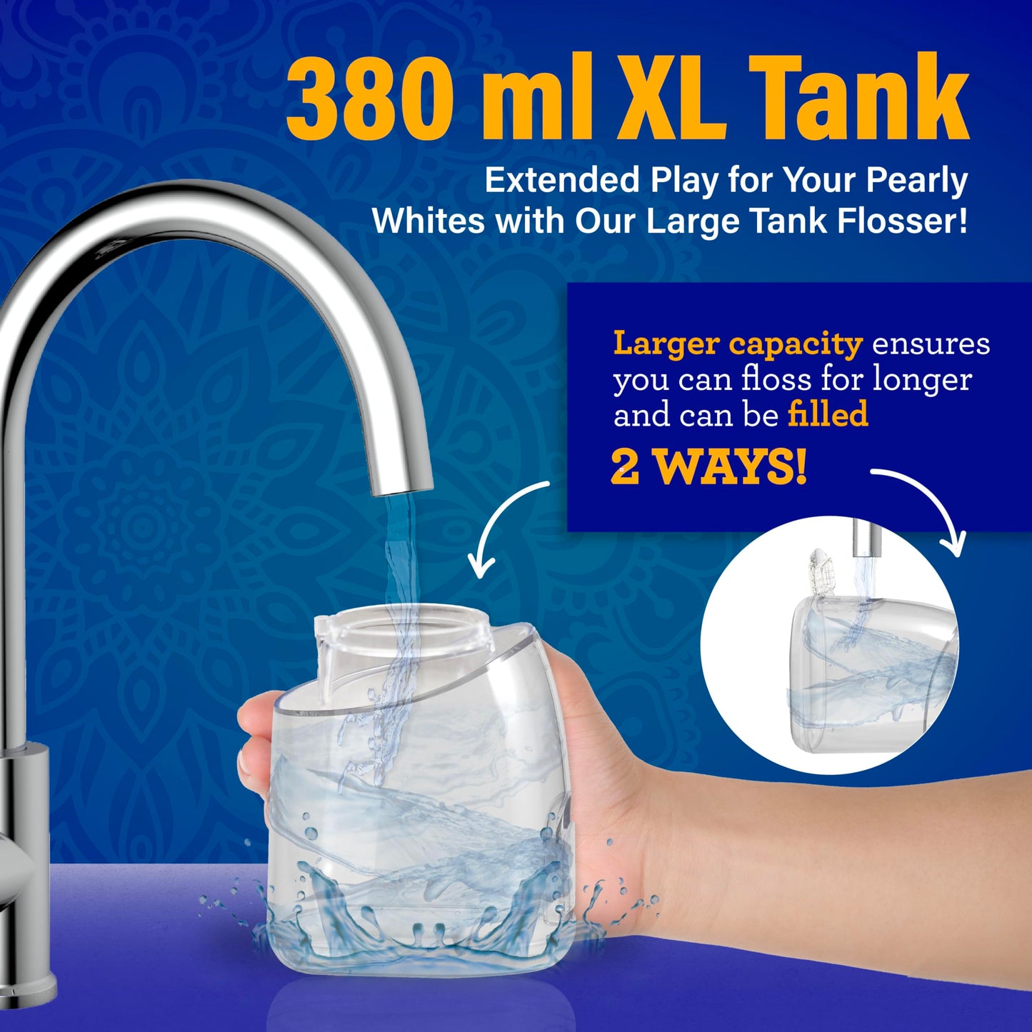 GuruNanda Water Dental Flosser 2.0 XL – 380ML Large Tank, 4 Flossing Modes, Cordless & Portable with Smart Timer for Deep Cleaning & Happy Gums - White