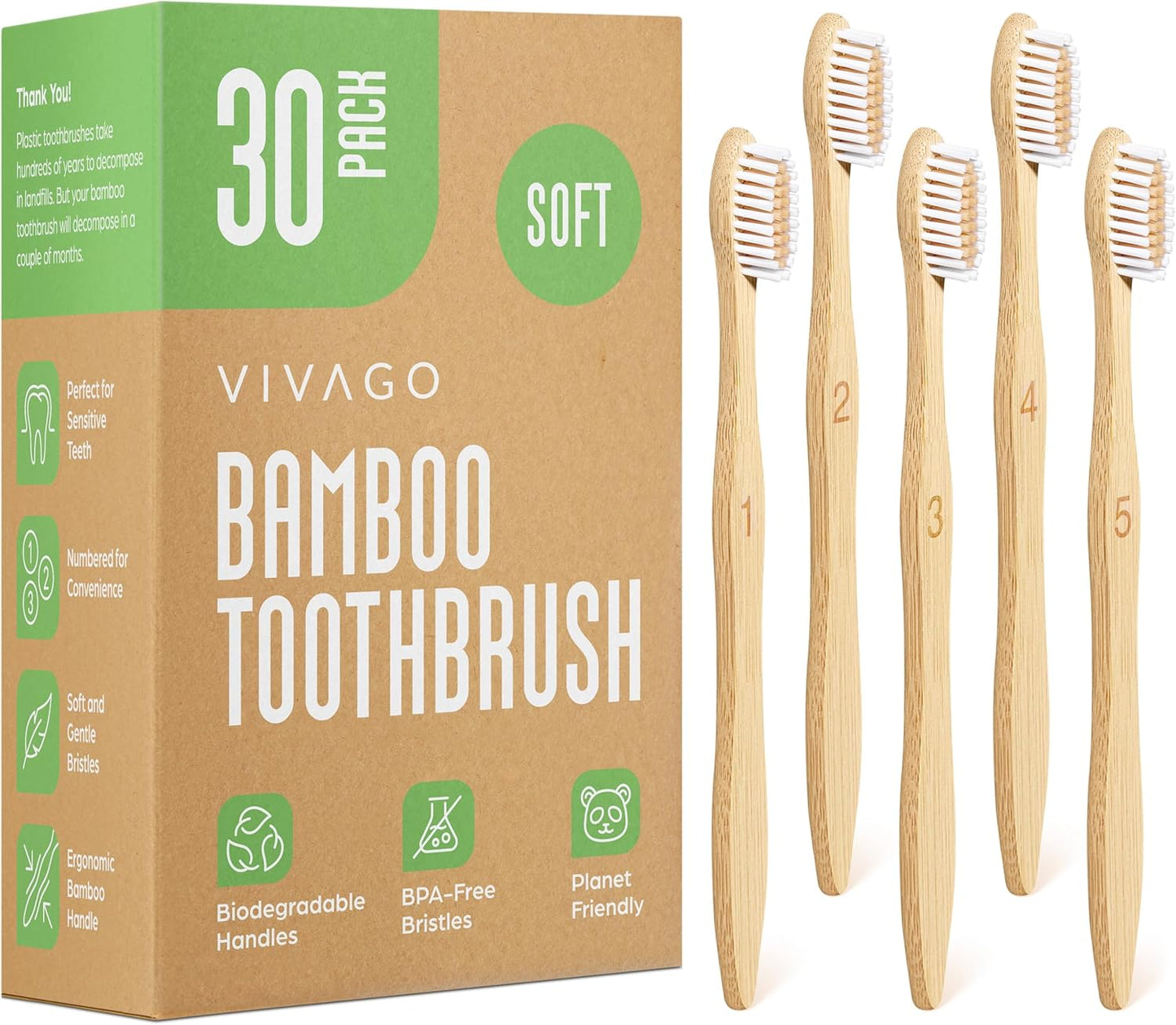 Bamboo Toothbrushes 30 Pack - Eco-Friendly, BPA-Free Soft Bristles, Natural Wooden Design