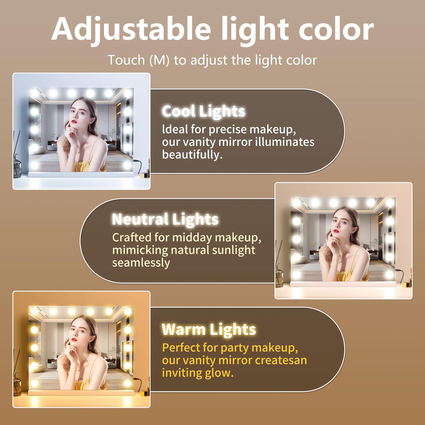 NUSVAN Vanity Mirror with Lights Lighted Makeup Mirror with Dimmable LED Bulbs,3 Color Lighting Modes,USB Charging Port Touch Control,Sturdy Metal Frame Design,White (50x40cm, 4.70)