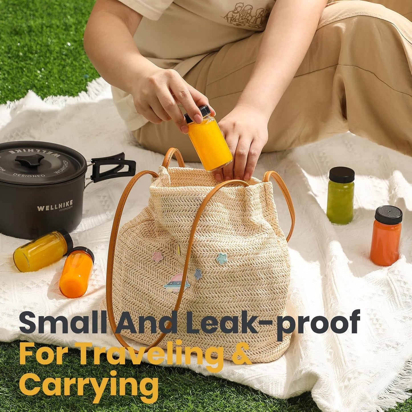 20 Pack Mini Glass Shot Bottles 2 oz with Lids & Labels - Leakproof Travel Jars for Juice, Whiskey, Wellness Shots