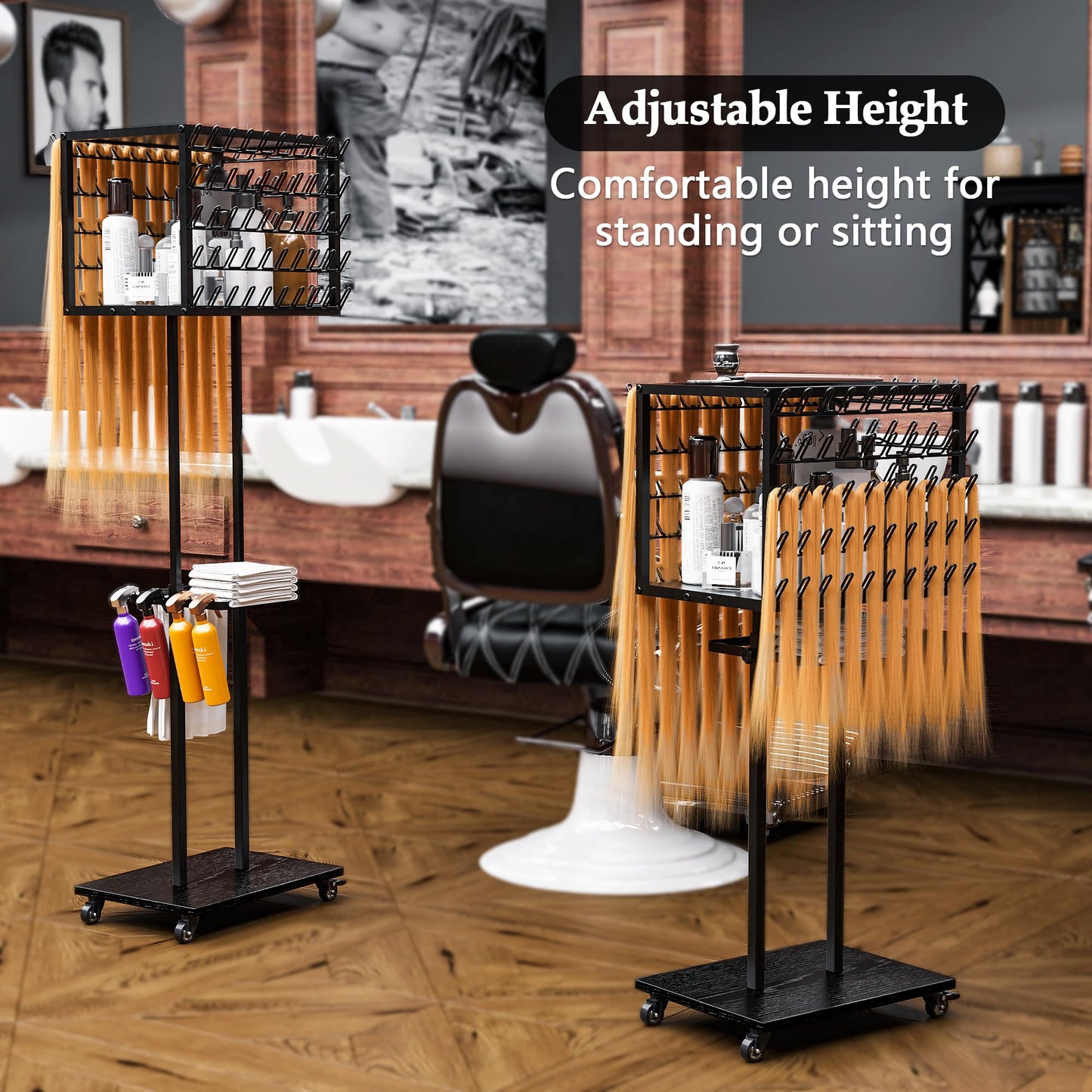 yeshine Metal Braiding Hair Rack, Hair Extension Holder Height Adjustable, Braiding Hair Holder with Wheels, Hair Braiding Tools, 3 Sided Hair Separator Stand with Large Capacity (128 Pegs)