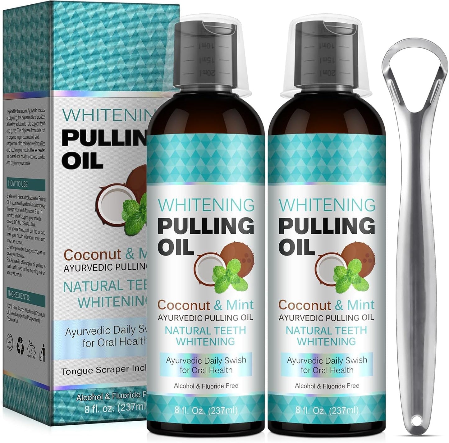 Coconut Oil Pulling for Fresh Breath and Oral Hygiene - Ayurvedic Expert Formulated | Supports Healthy Gums | Natural - Includes Tongue Scraper and Measuring Cup - 16 oz