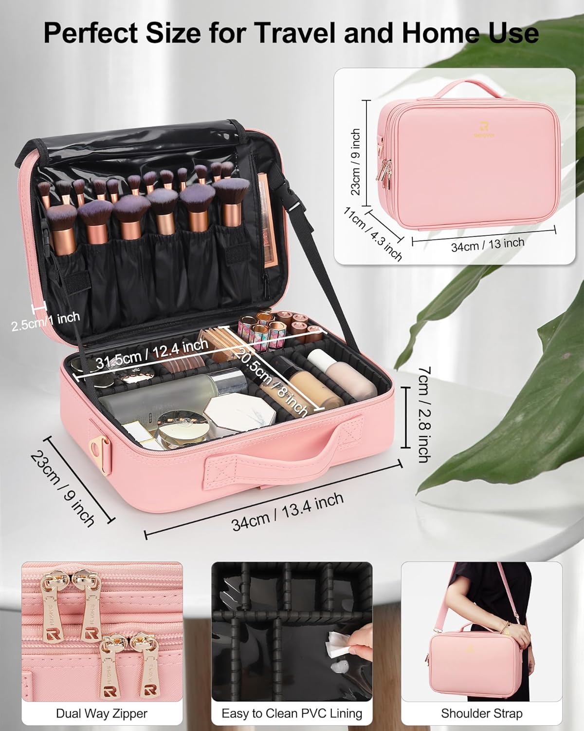 Relavel Portable Travel Makeup Case Organizer with Adjustable Dividers - Black Cosmetic Storage for Brushes, Toiletries & Jewelry
