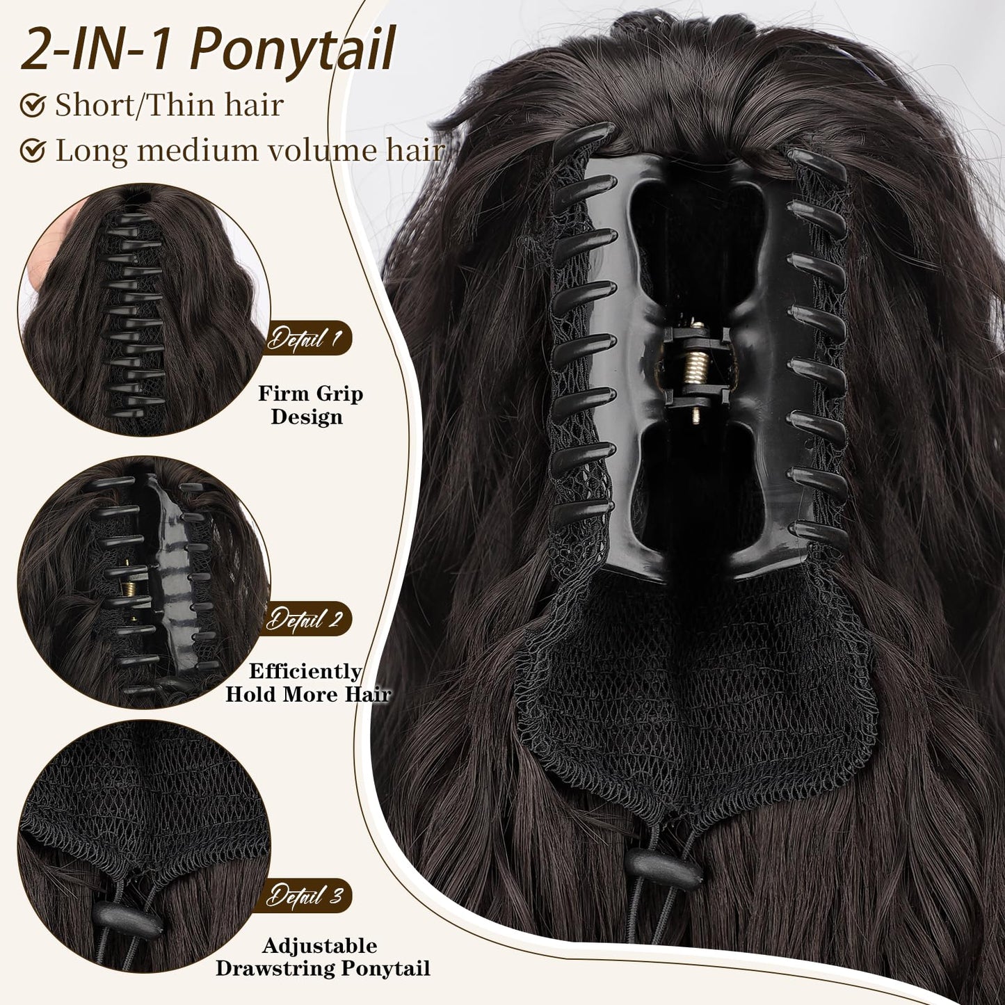 ORSUNCER Claw Long Wavy Ponytail Extension Black Brown 30" Curly Pony Tail Clip in Hair Extensions for Women fluffy Natural Looking Synthetic Hairpiece for Daily Use