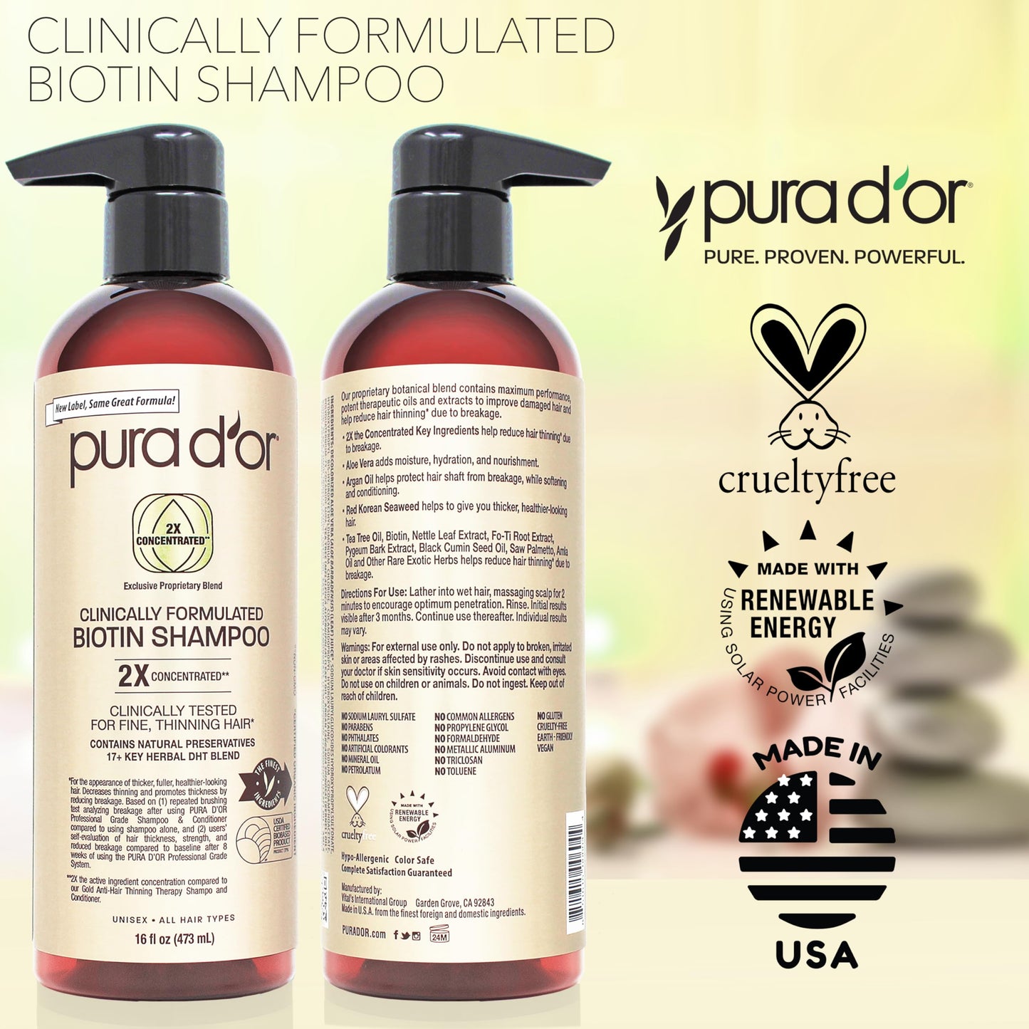 PURA D'OR Professional Grade Biotin Shampoo, Clinically Proven Anti-Thinning Hair Care, 2X Concentrated DHT Blocker Hair Thickening Products For Women & Men, 16oz