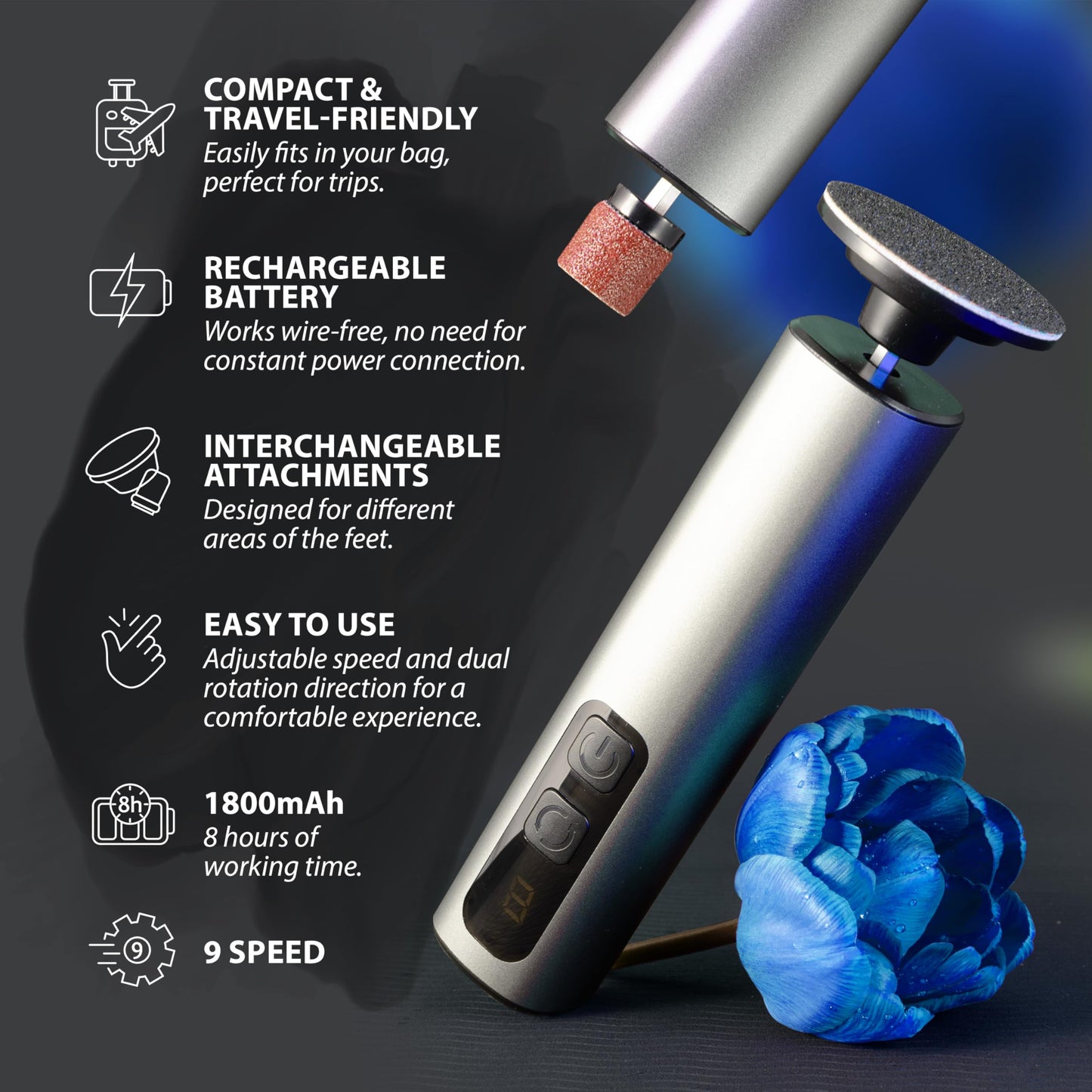 Spargos Electric Foot Callus Remover Rechargeable - Black Electric Foot Filer with 9 Speed Settings, Type-C Charging, and 60 Sanding Discs for Smooth Skin - Callus Remover for Feet