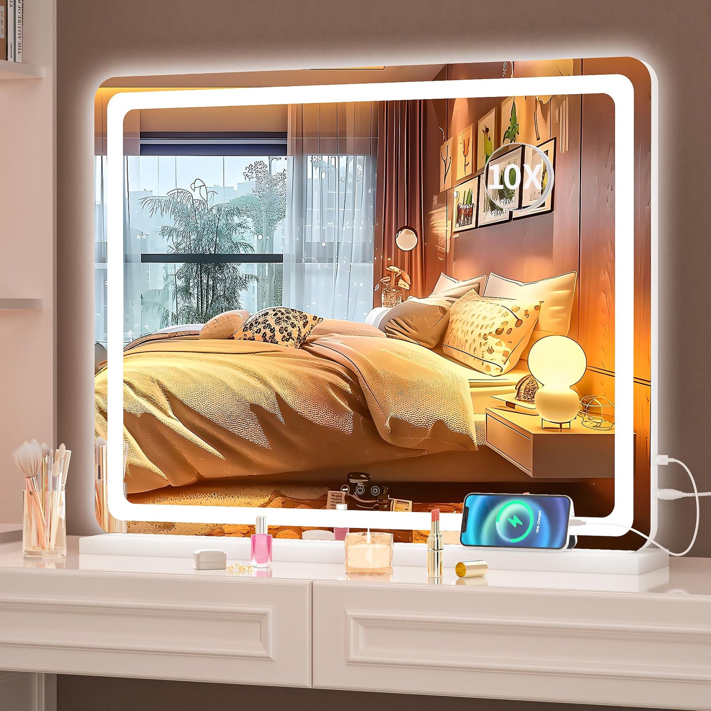 Hasipu Vanity Mirror with Lights, 22.8" x 18" LED Makeup Mirror, Lighted Makeup Mirror with Dimmable 3 Modes, Touch Screen Control Vanity Mirror Round White
