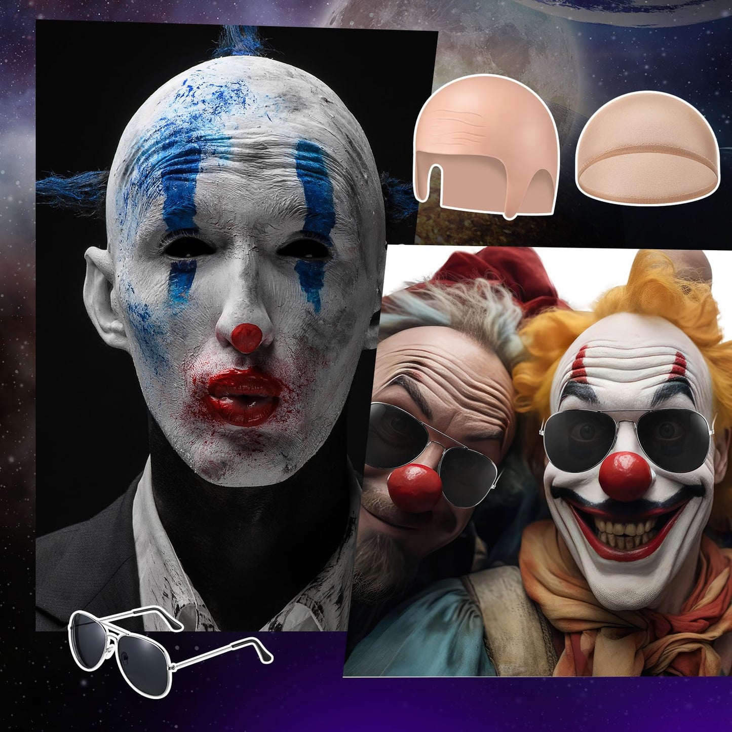 Mepase 1 Set Bald Caps with 1 Pair Glasses for Adults Men Nylon Bald Head Wig Cap Can Be Cut for Halloween Music Festivals Concerts Rap Star Party Cosplay(12.2 x 8.6 Inch)
