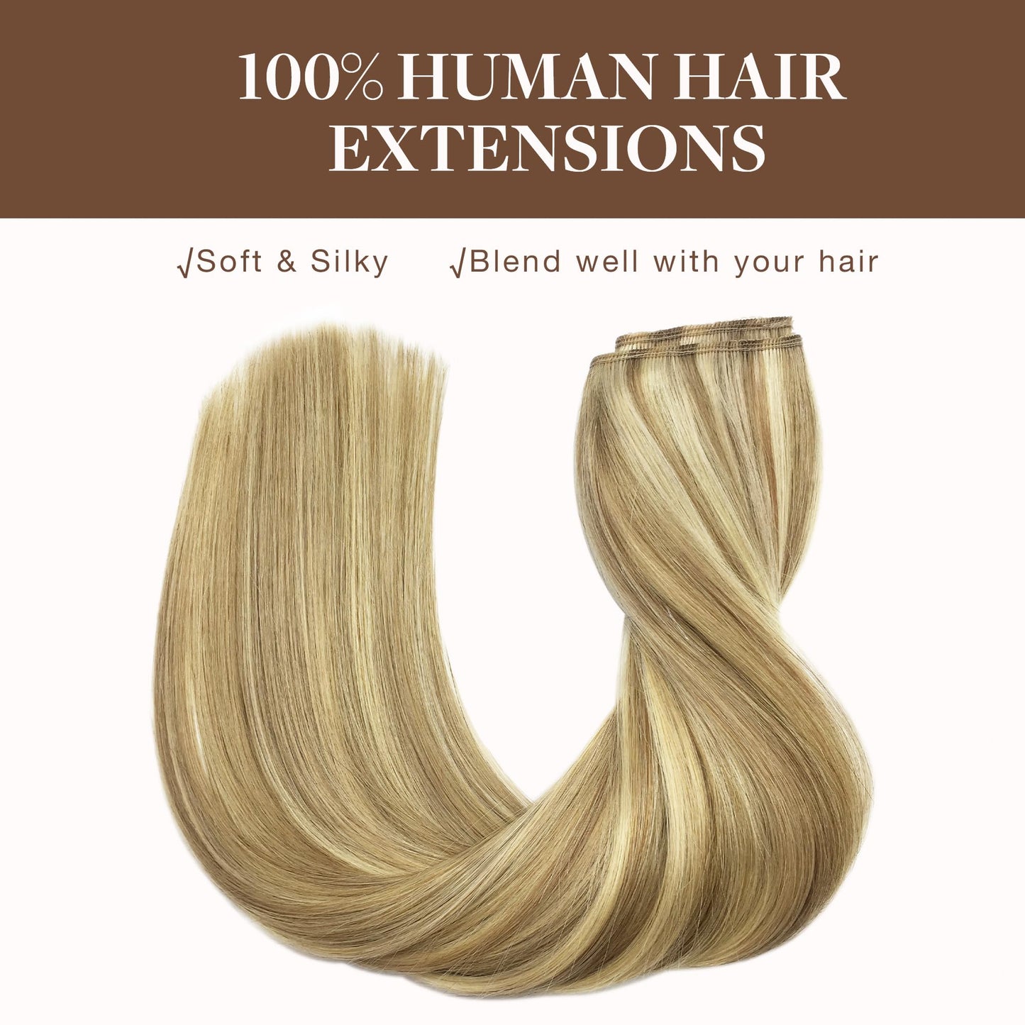 GOO GOO Wire Hair Extensions Human Hair, 16/22 Light Blondewith mix Golden Blonde Highlighted 14inch 75g, Invisible Wire Hair Extensions with Transparent, Seamless Fish Line Hairpiece
