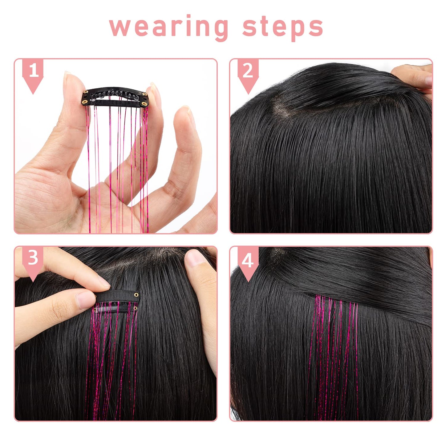 Hair Tinsel 12Pcs Clip in Rainbow Hair Accessories 20.5 Inch Fairy Hair Tinsel Kit for Women Girls Kids Glitter Extensions for Christmas Halloween New Year Party (Rainbow)