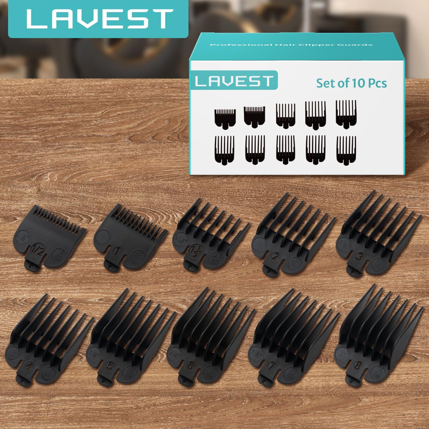Clipper Guards Set Compatible with Most Wahl Clippers, Clipper Guides Replacement - 1/16" to 1", 10 Piece Set, Black Color