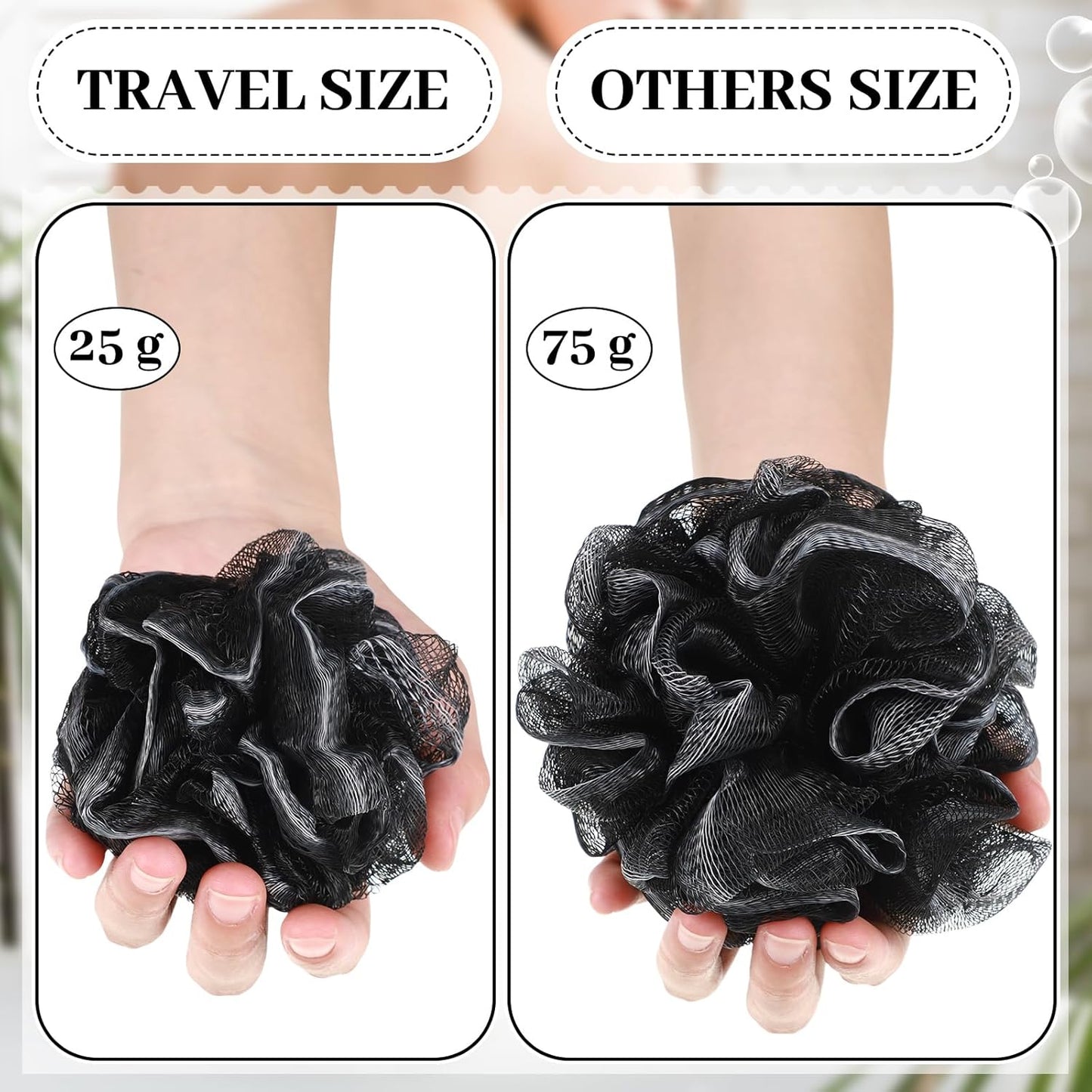 Travel Size Loofah Set - 12 Individually Wrapped Mini Bath Sponges with Case (Black, 25g)
