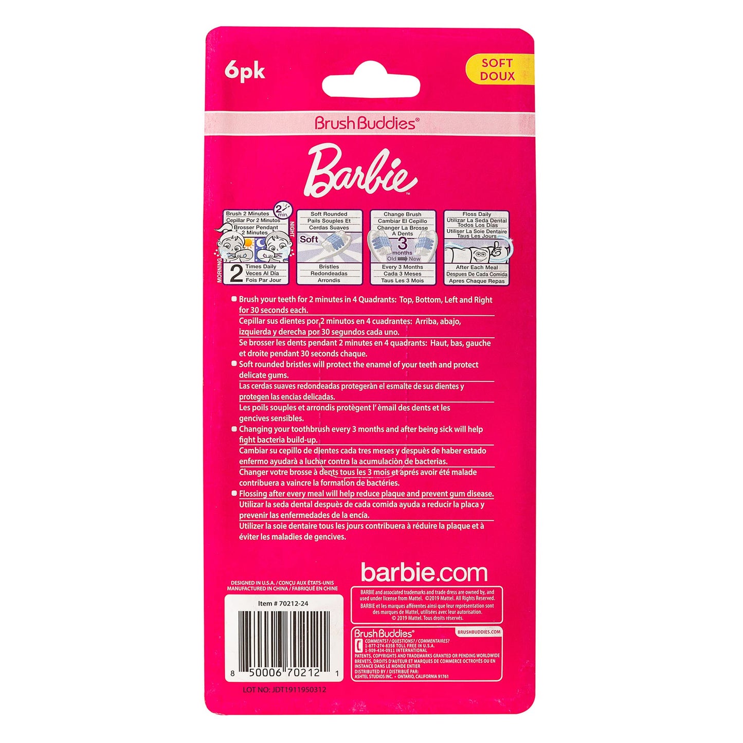 Brush Buddies 6 Pack Barbie Toothbrushes for Kids, Children's Toothbrushes, Soft Bristle Toothbrushes for Kids