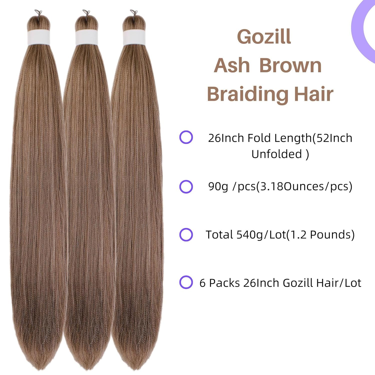 Ash Brown Pre-Stretched Knotless Braiding Hair Extensions - 6 Packs Synthetic Box Braids