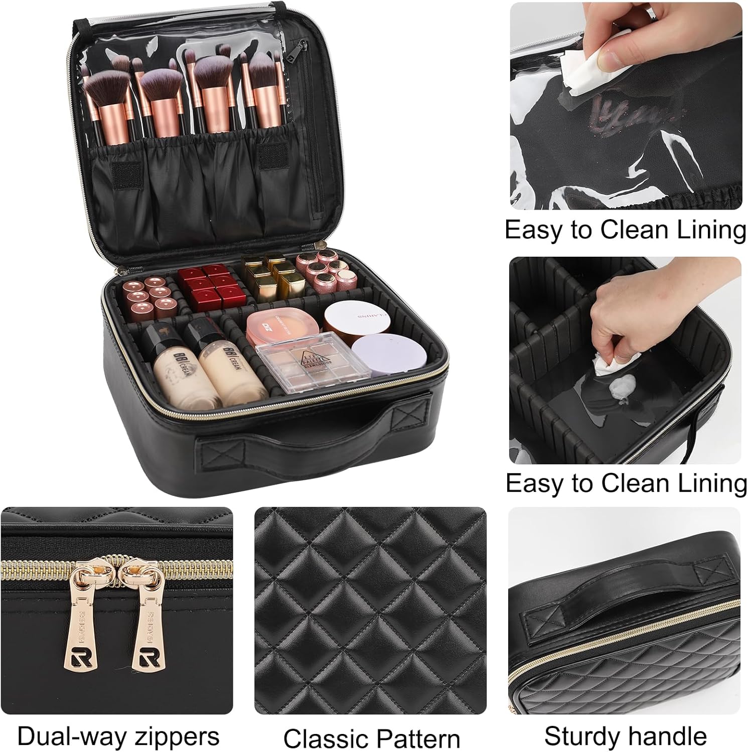Relavel Portable Travel Makeup Case Organizer with Adjustable Dividers - Black Cosmetic Storage for Brushes, Toiletries & Jewelry